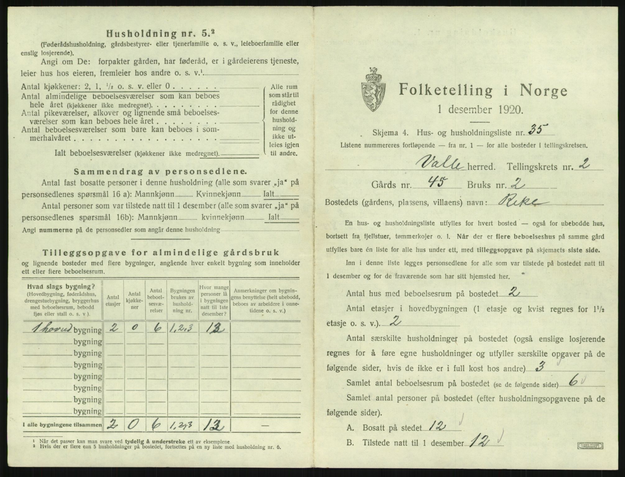 SAK, 1920 census for Valle, 1920, p. 185