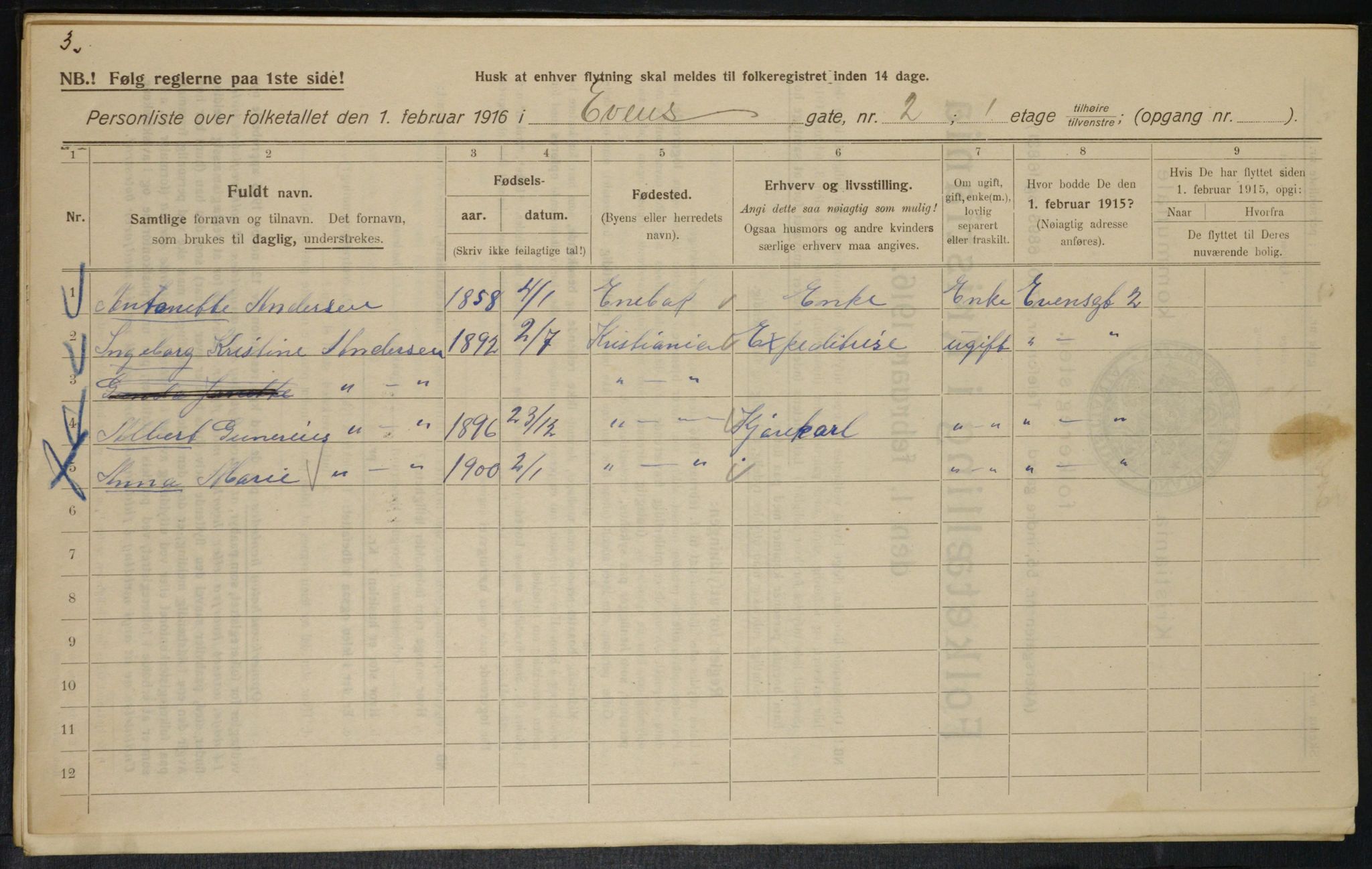 OBA, Municipal Census 1916 for Kristiania, 1916, p. 23254