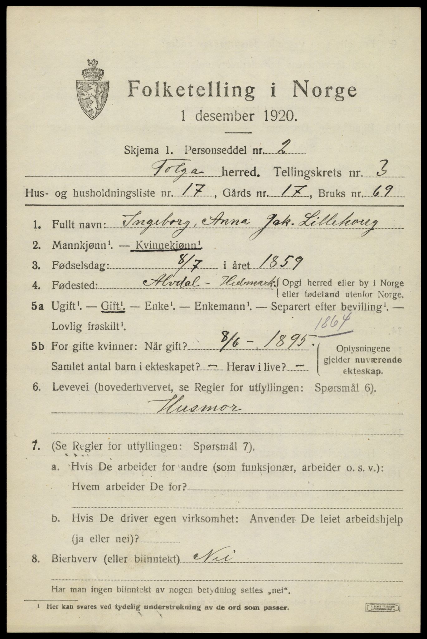 SAH, 1920 census for Tolga, 1920, p. 2387