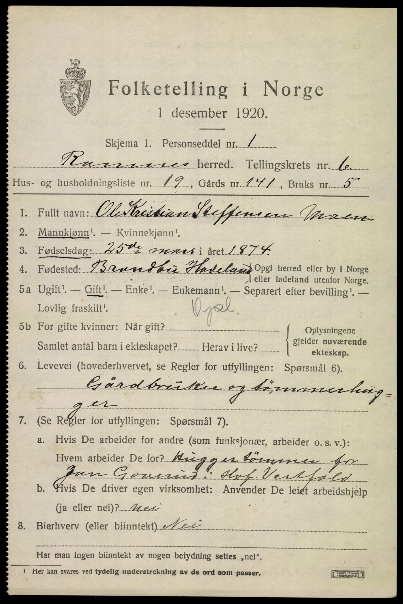 SAKO, 1920 census for Ramnes, 1920, p. 6364