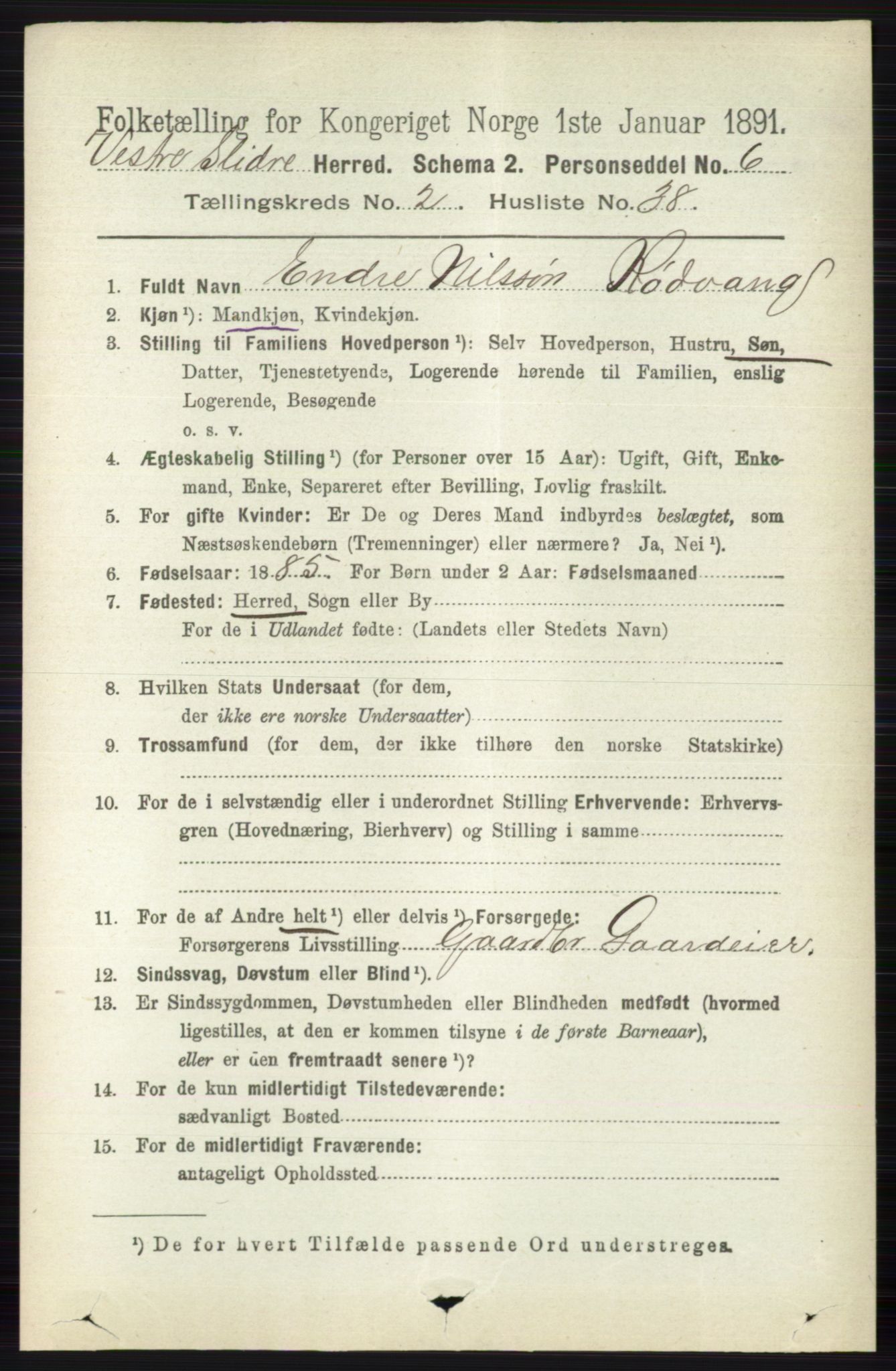 RA, 1891 census for 0543 Vestre Slidre, 1891, p. 750