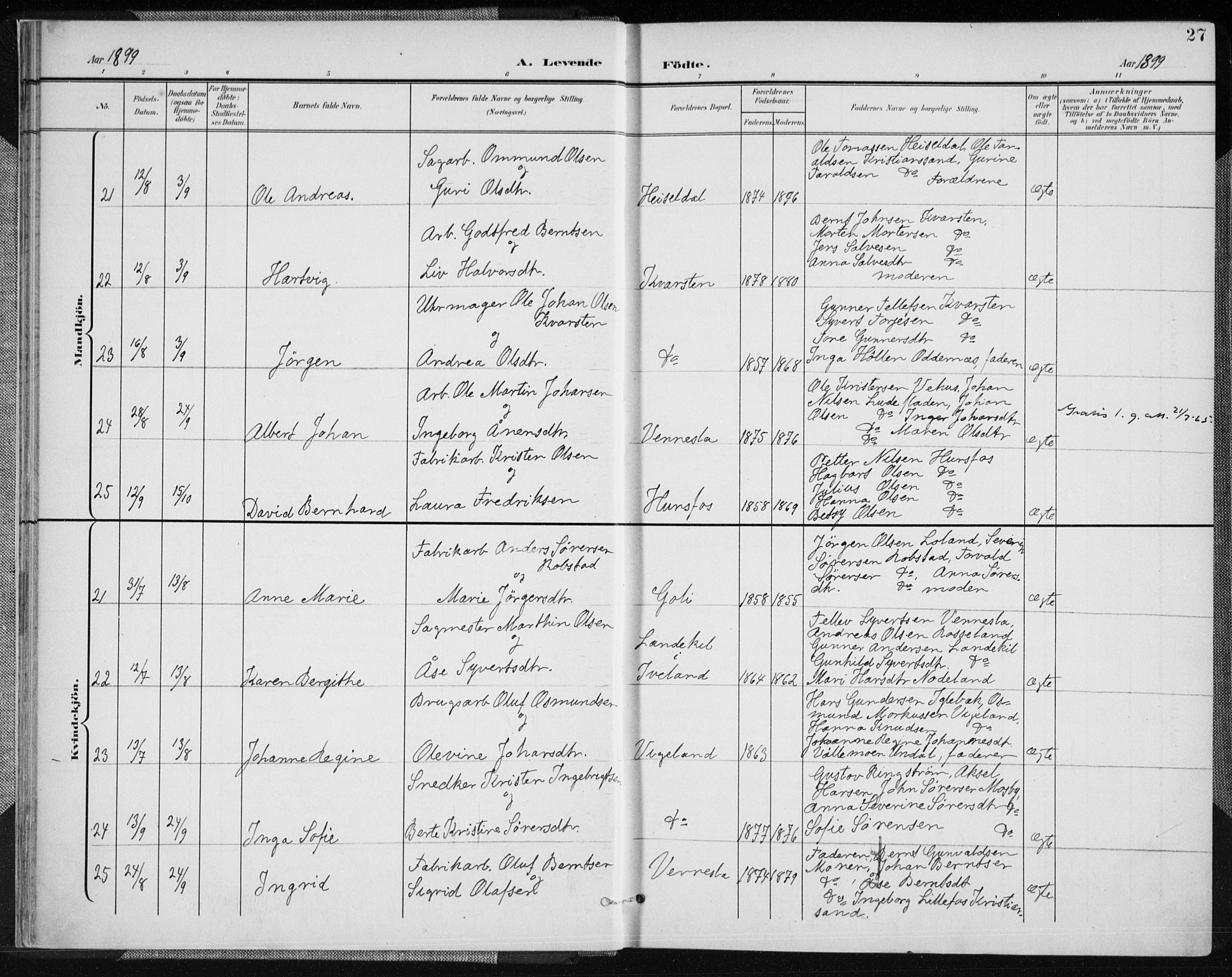 Vennesla sokneprestkontor, AV/SAK-1111-0045/Fa/Fab/L0005: Parish register (official) no. A 5, 1897-1909, p. 27