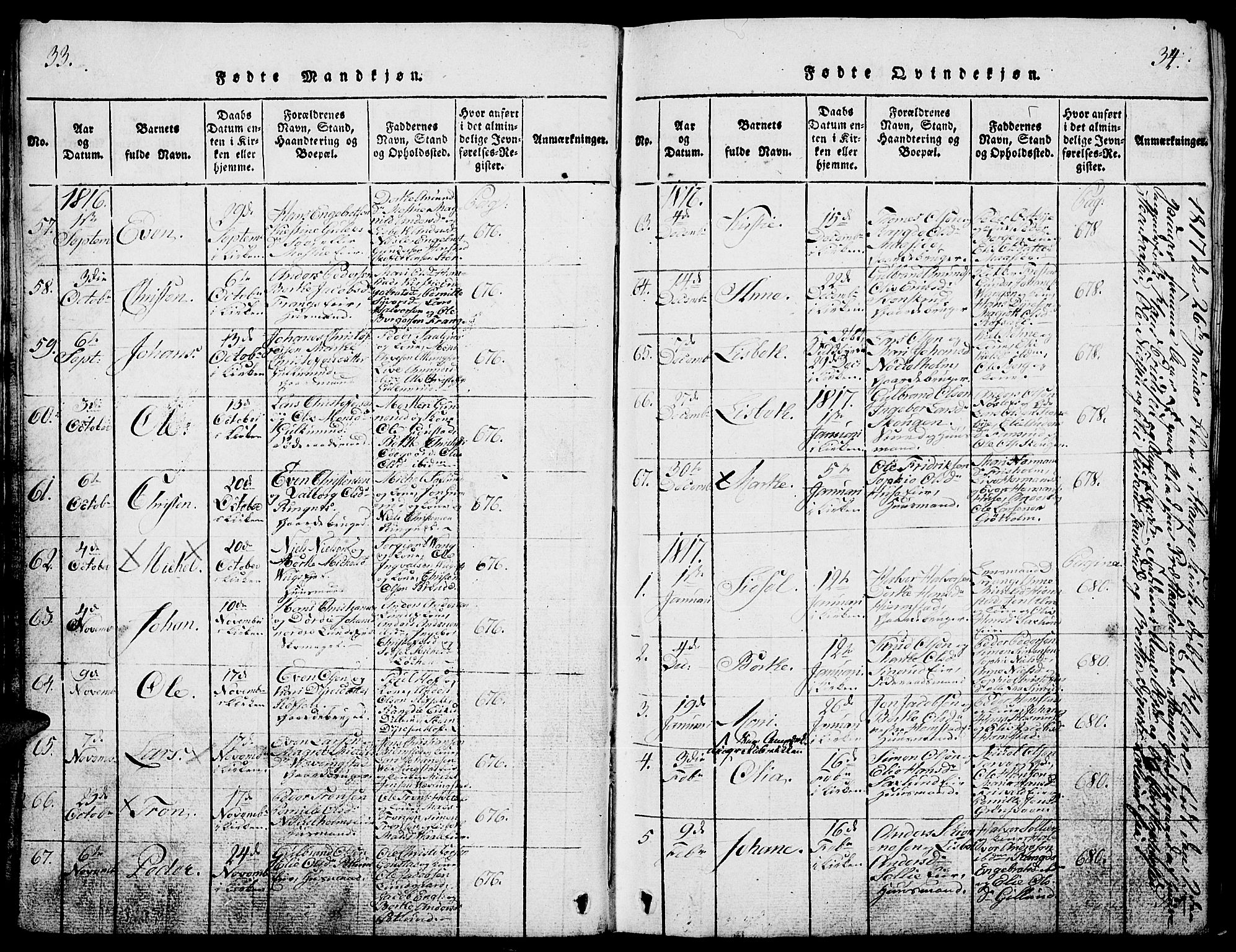 Stange prestekontor, SAH/PREST-002/L/L0001: Parish register (copy) no. 1, 1814-1825, p. 33-34