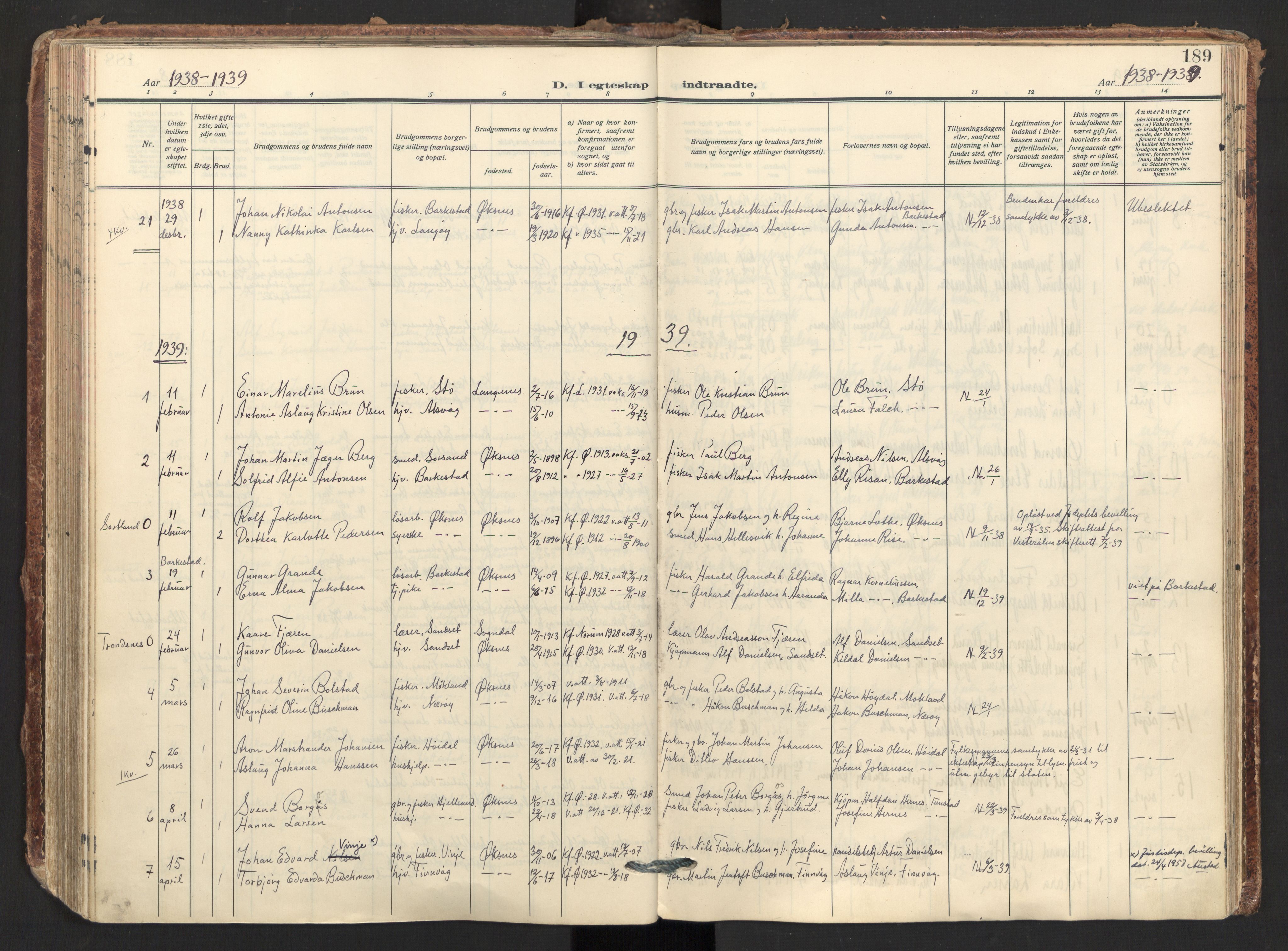 Ministerialprotokoller, klokkerbøker og fødselsregistre - Nordland, AV/SAT-A-1459/893/L1344: Parish register (official) no. 893A16, 1929-1946, p. 189