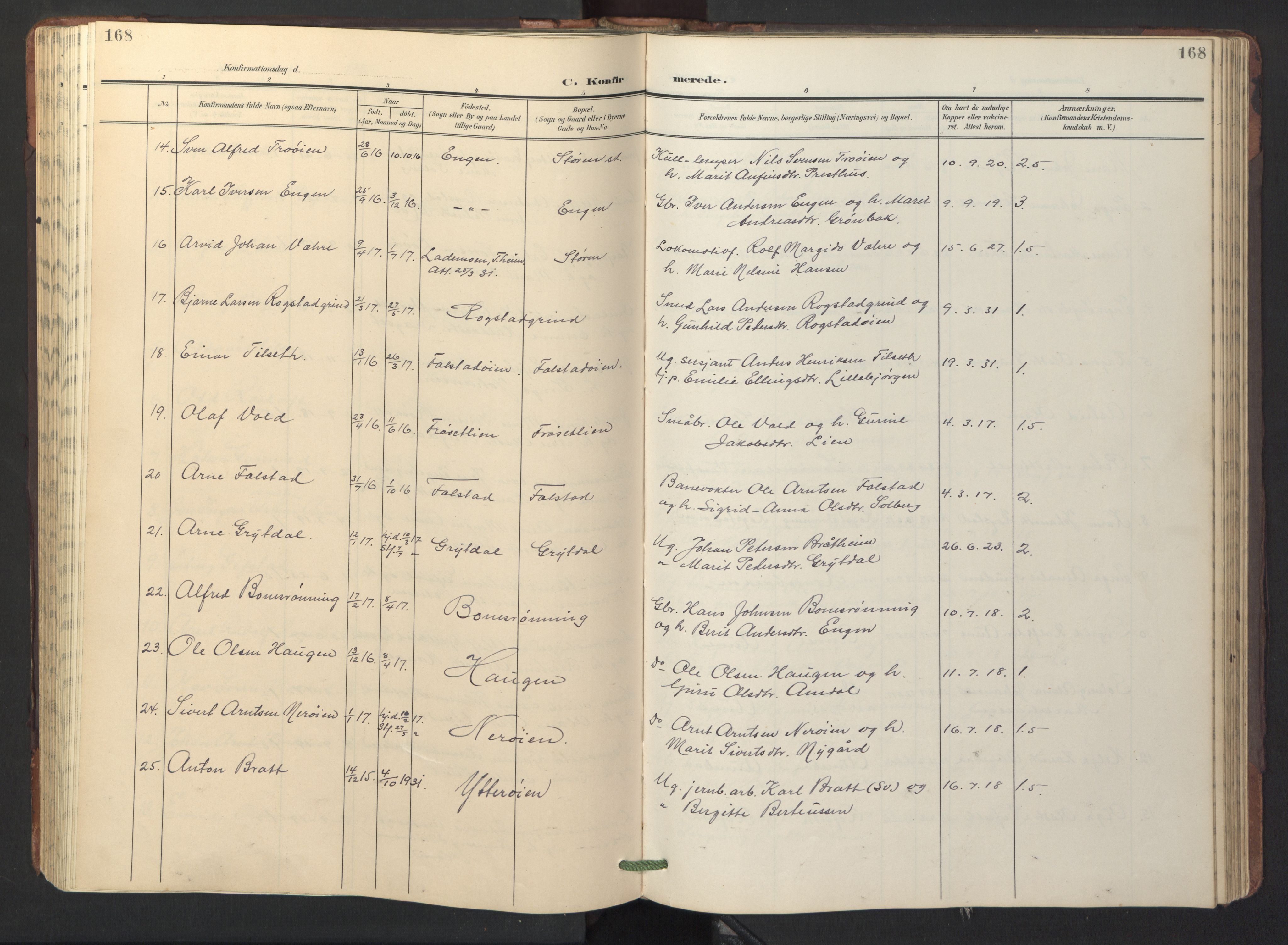 Ministerialprotokoller, klokkerbøker og fødselsregistre - Sør-Trøndelag, SAT/A-1456/687/L1019: Parish register (copy) no. 687C03, 1904-1931, p. 168