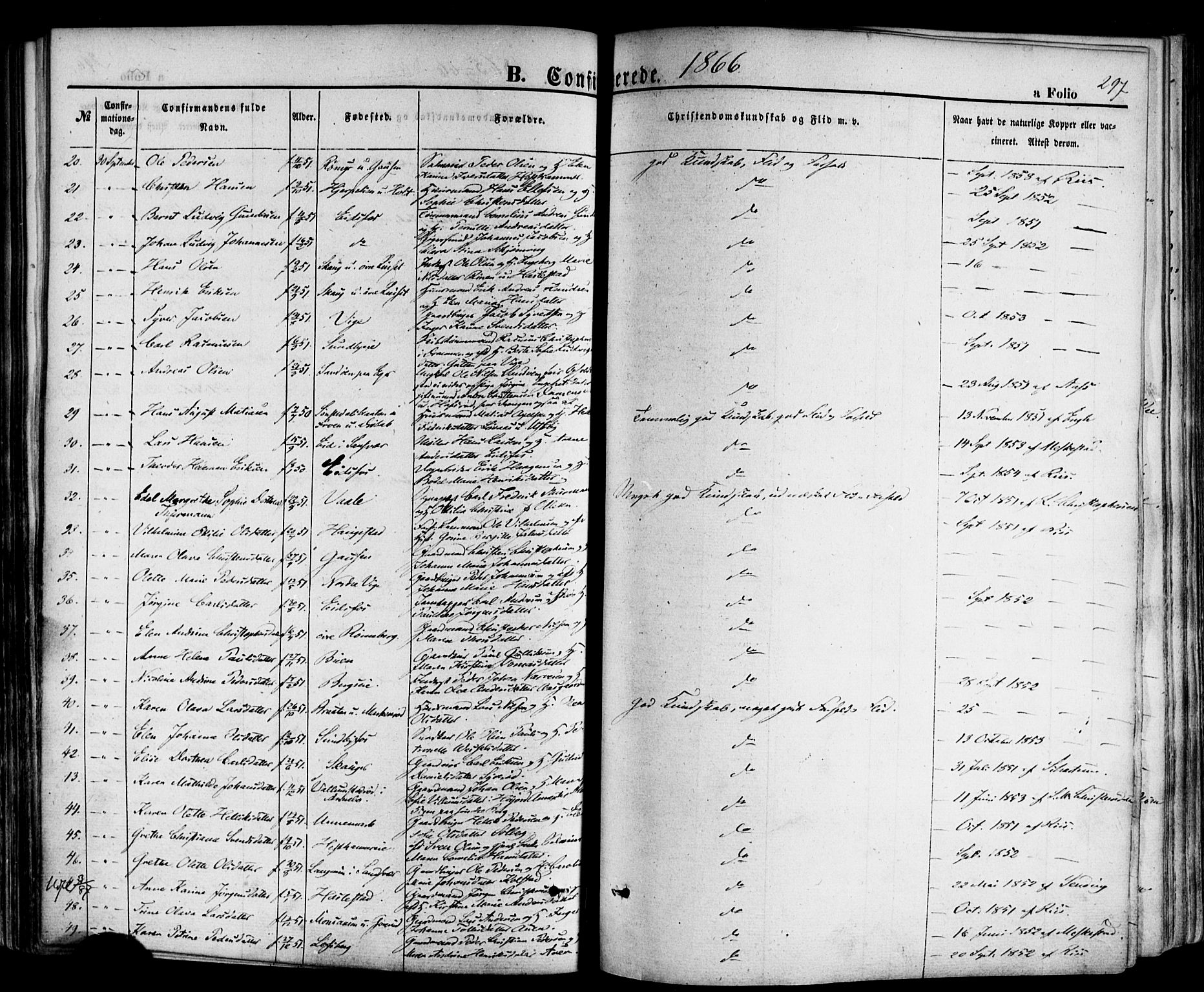 Hof kirkebøker, AV/SAKO-A-64/F/Fa/L0006: Parish register (official) no. I 6, 1851-1877, p. 297