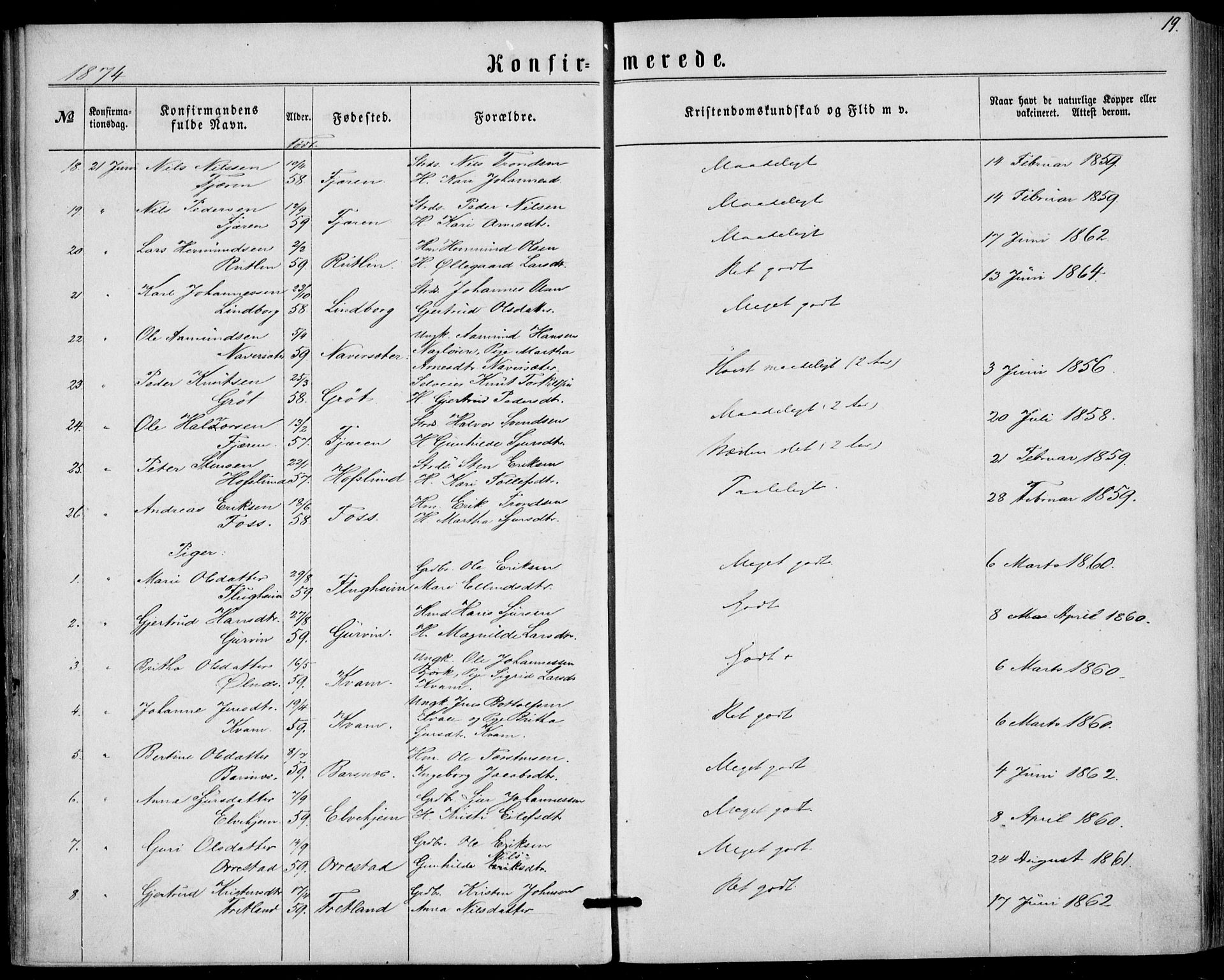 Sogndal sokneprestembete, SAB/A-81301/H/Haa/Haaa/L0015: Parish register (official) no. A 15, 1871-1904, p. 19