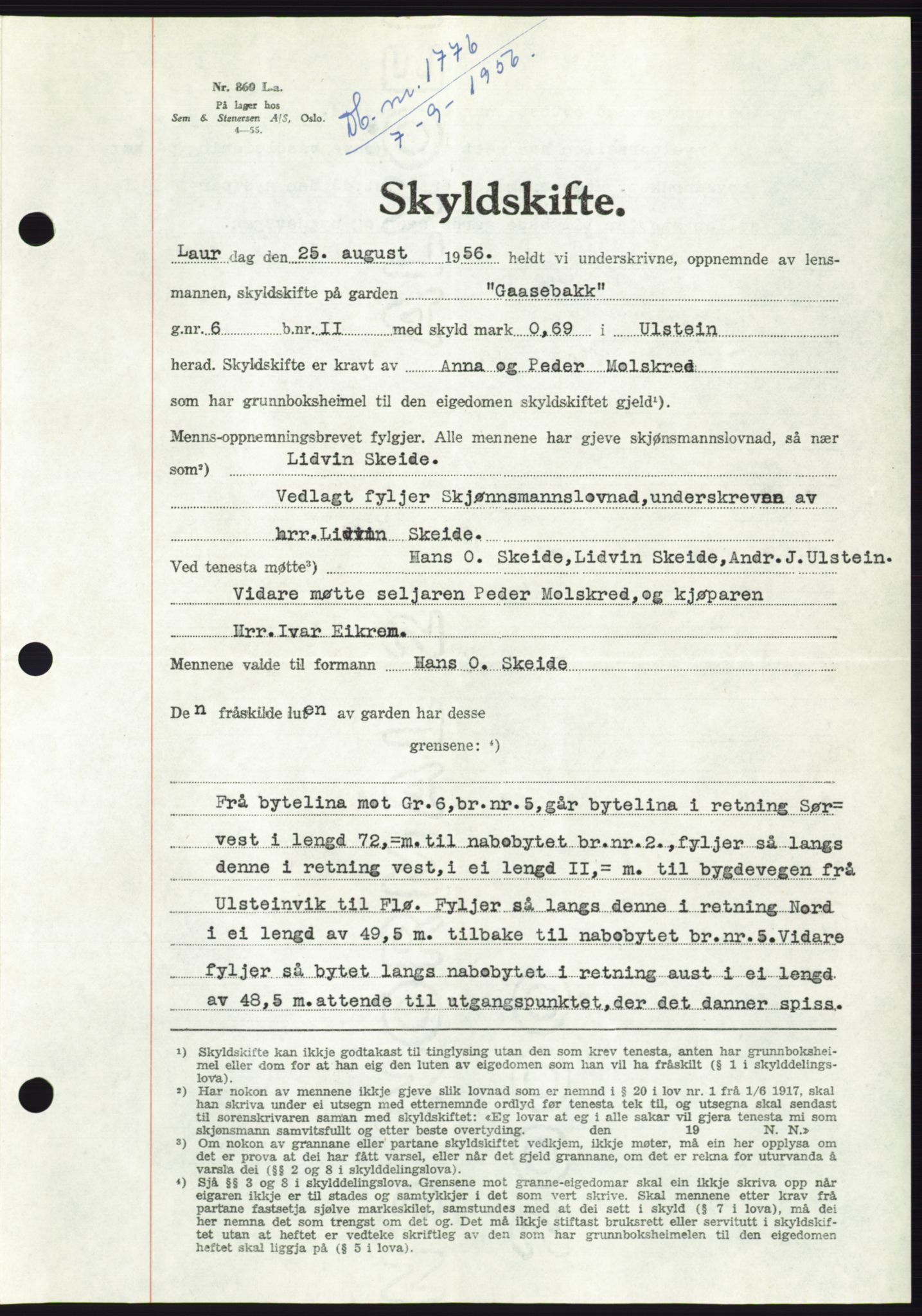 Søre Sunnmøre sorenskriveri, AV/SAT-A-4122/1/2/2C/L0104: Mortgage book no. 30A, 1956-1956, Diary no: : 1776/1956
