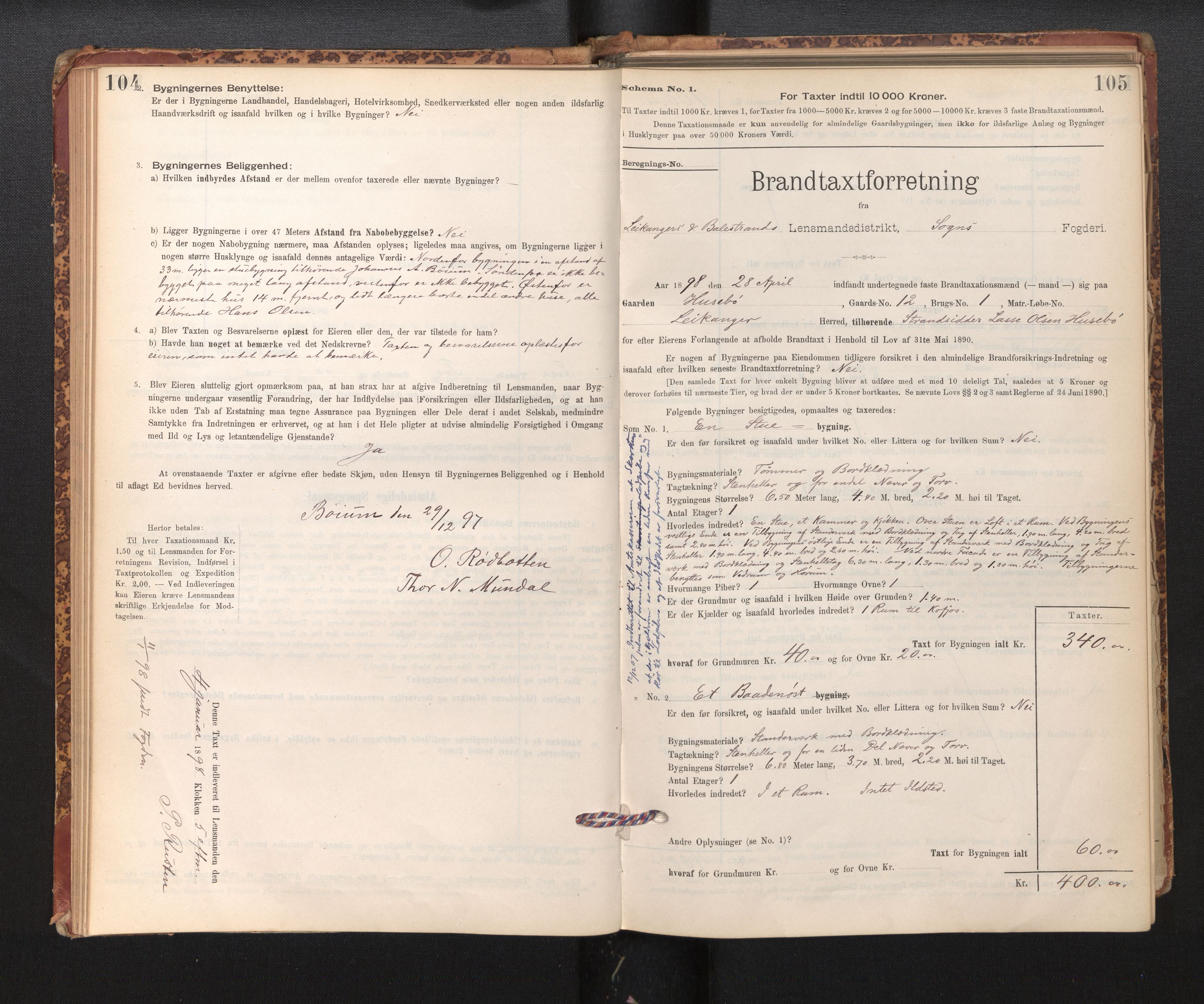 Lensmannen i Leikanger, SAB/A-29201/0012/L0004: Branntakstprotokoll, skjematakst, 1894-1903, p. 104-105