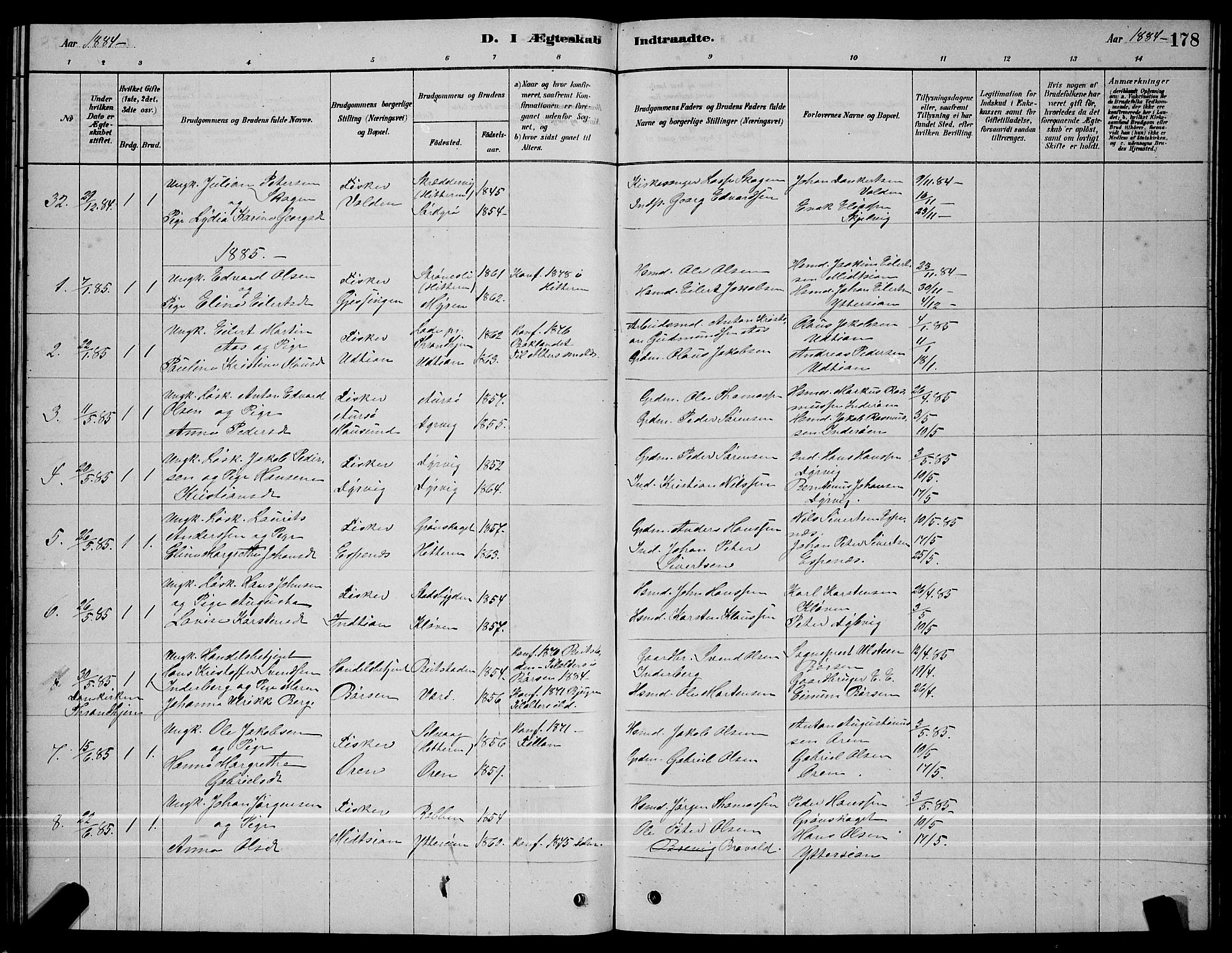 Ministerialprotokoller, klokkerbøker og fødselsregistre - Sør-Trøndelag, SAT/A-1456/640/L0585: Parish register (copy) no. 640C03, 1878-1891, p. 178