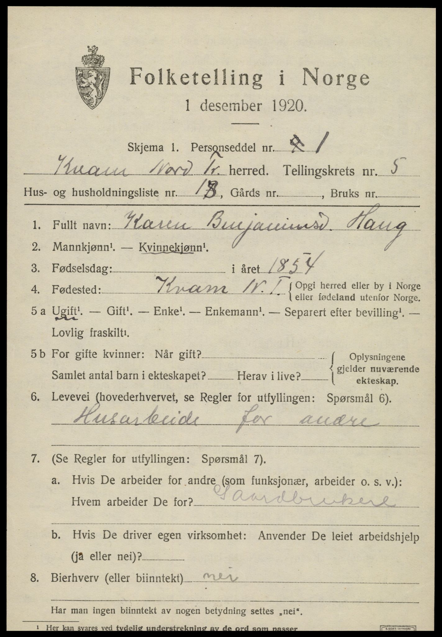SAT, 1920 census for Kvam, 1920, p. 1581