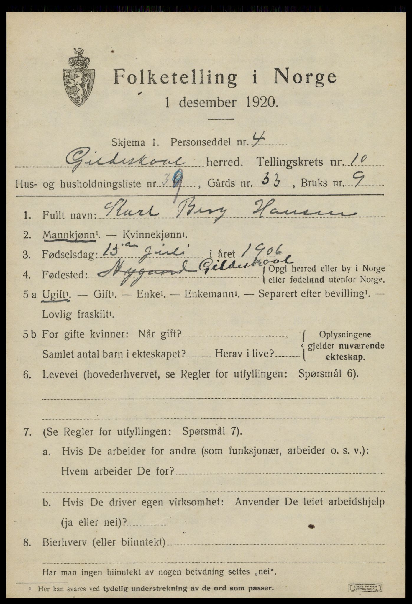 SAT, 1920 census for Gildeskål, 1920, p. 6594