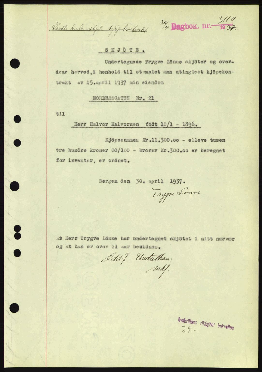 Byfogd og Byskriver i Bergen, SAB/A-3401/03/03Bc/L0004: Mortgage book no. A3-4, 1936-1937, Diary no: : 3110/1937
