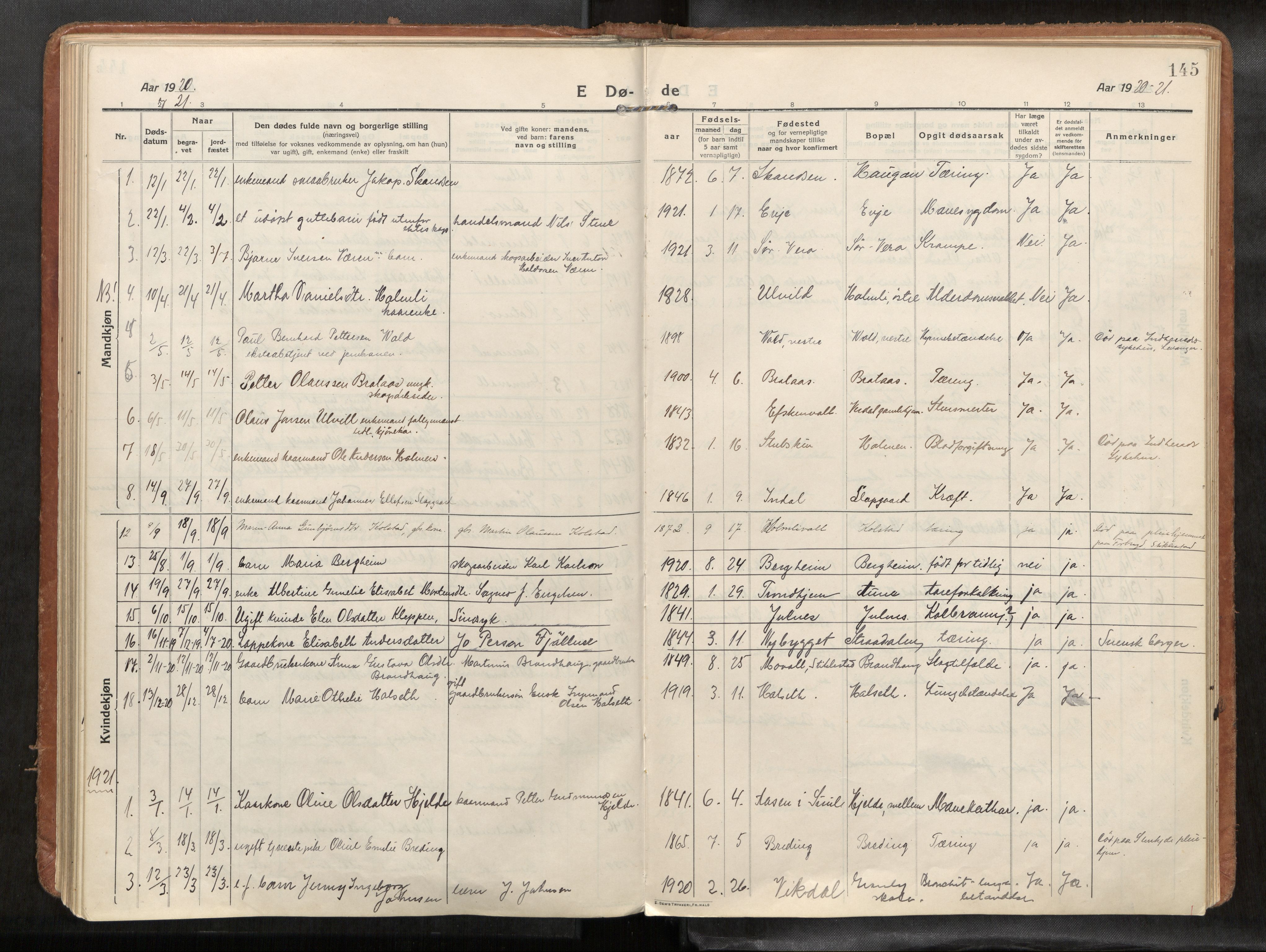 Verdal sokneprestkontor, SAT/A-1156/2/H/Haa/L0004: Parish register (official) no. 4, 1916-1928, p. 145