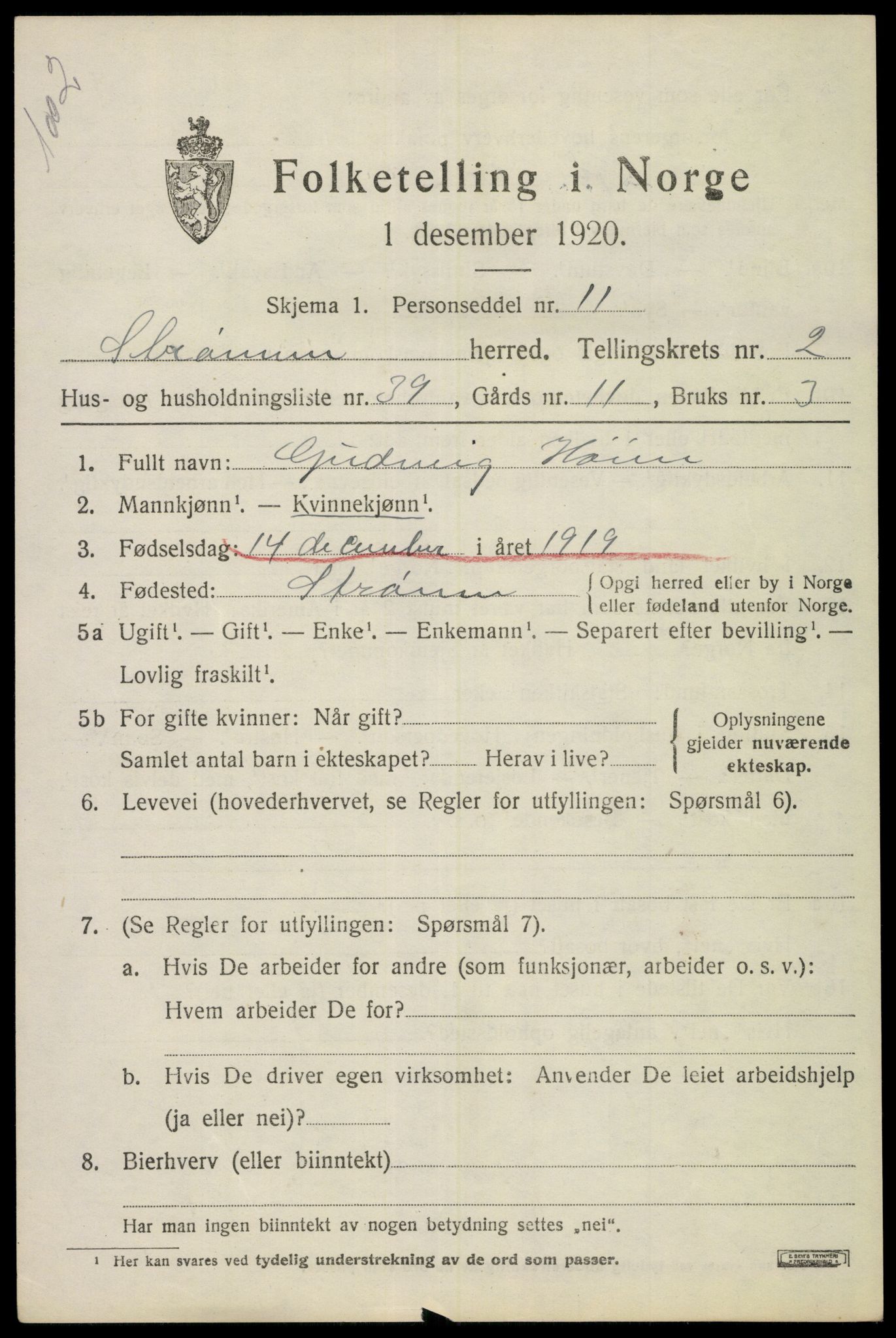 SAKO, 1920 census for Strømm, 1920, p. 2001