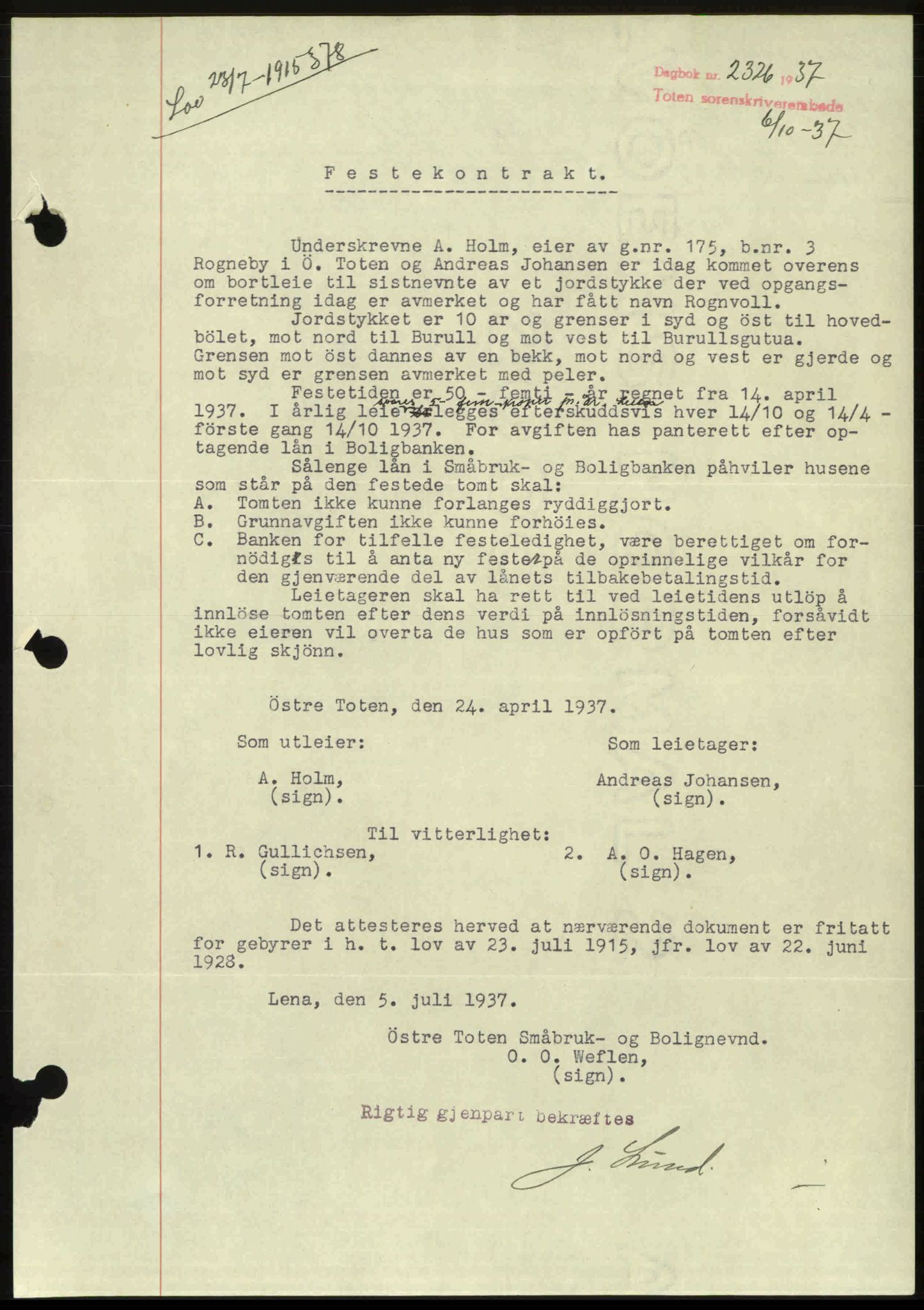 Toten tingrett, SAH/TING-006/H/Hb/Hbc/L0003: Mortgage book no. Hbc-03, 1937-1938, Diary no: : 2326/1937