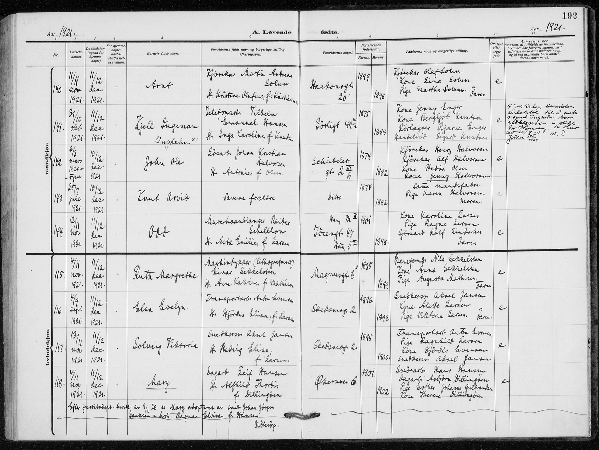 Kampen prestekontor Kirkebøker, AV/SAO-A-10853/F/Fa/L0012: Parish register (official) no. I 12, 1916-1921, p. 192