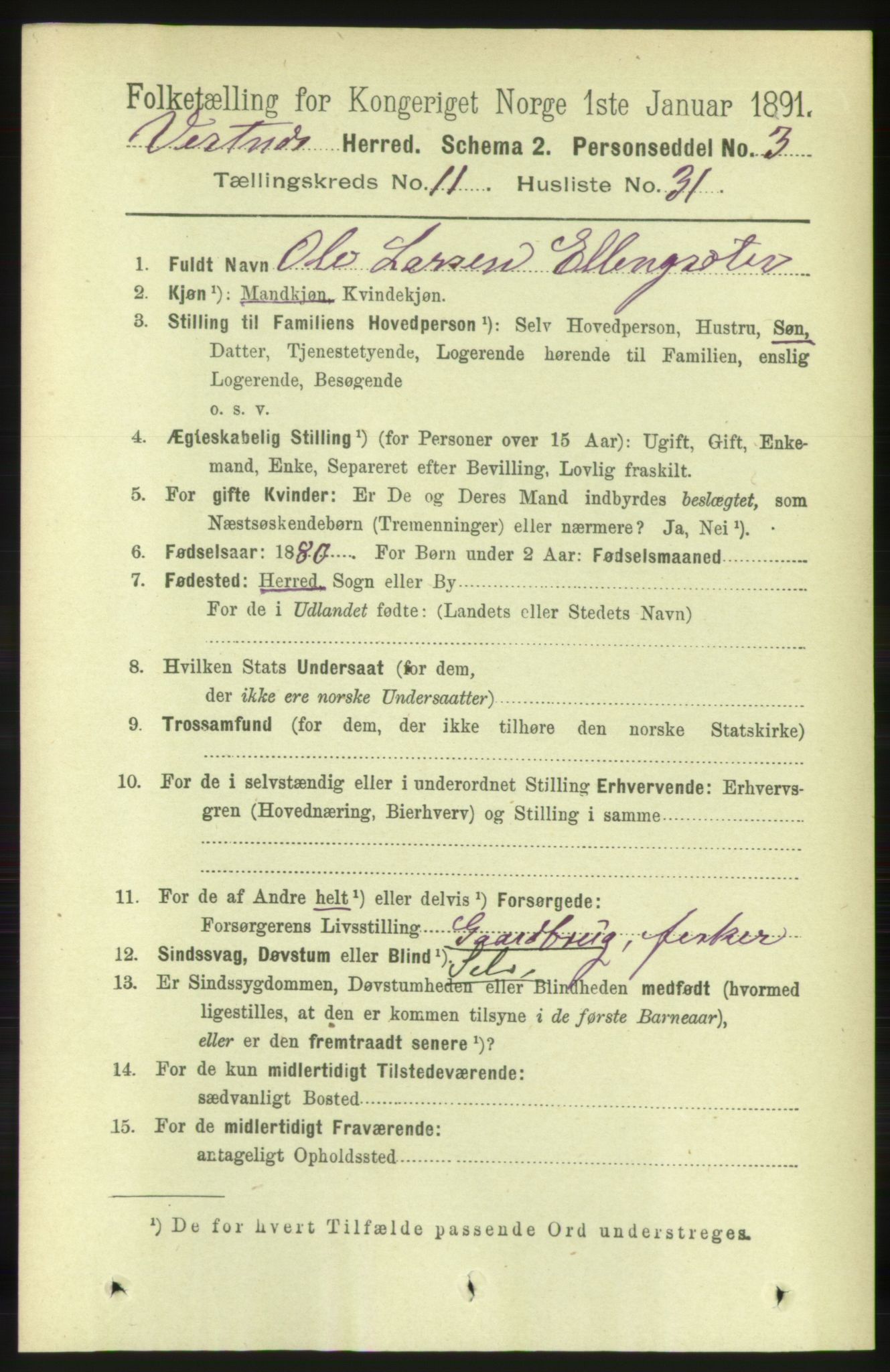 RA, 1891 census for 1535 Vestnes, 1891, p. 4101