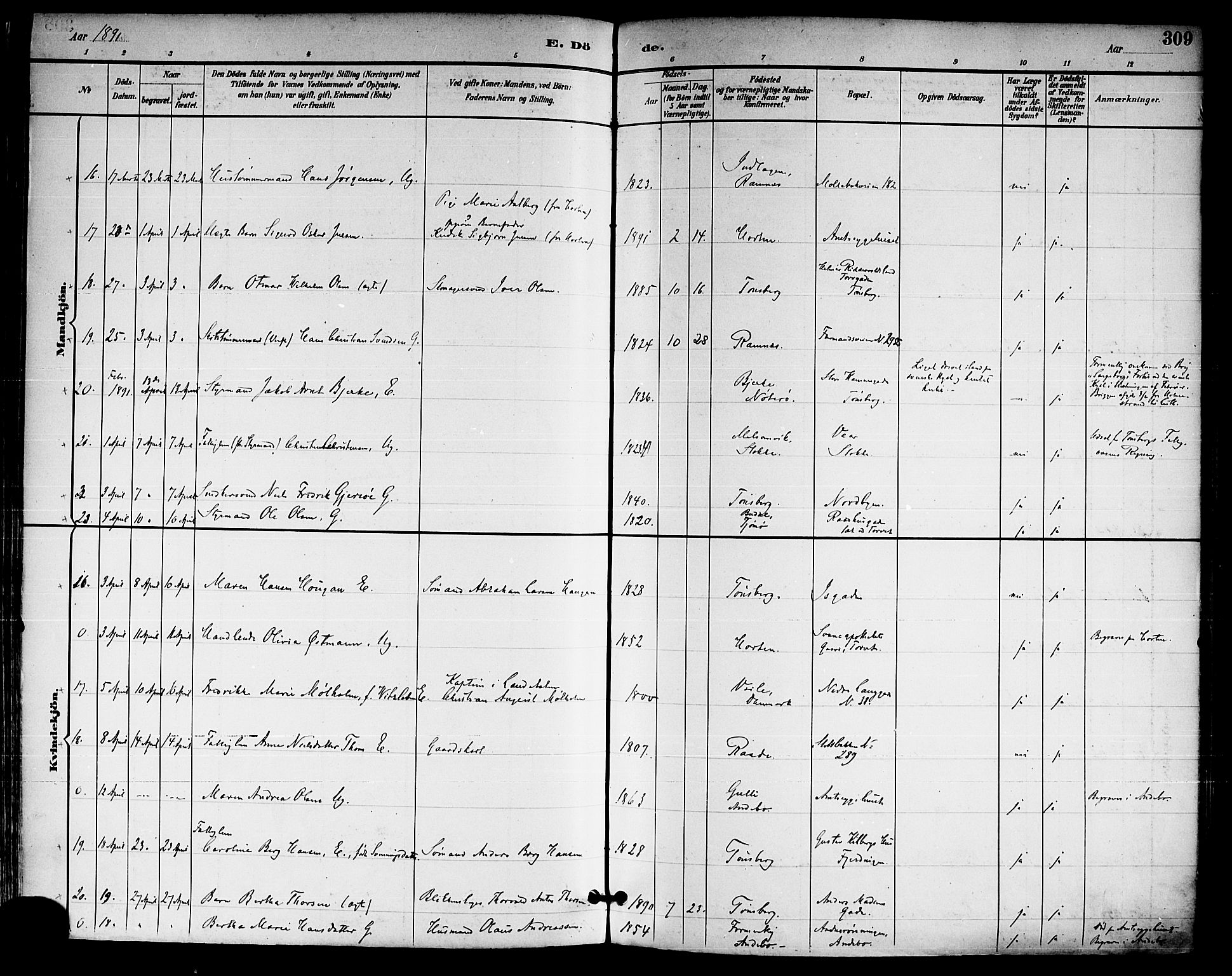 Tønsberg kirkebøker, AV/SAKO-A-330/F/Fa/L0012: Parish register (official) no. I 12, 1891-1899, p. 309