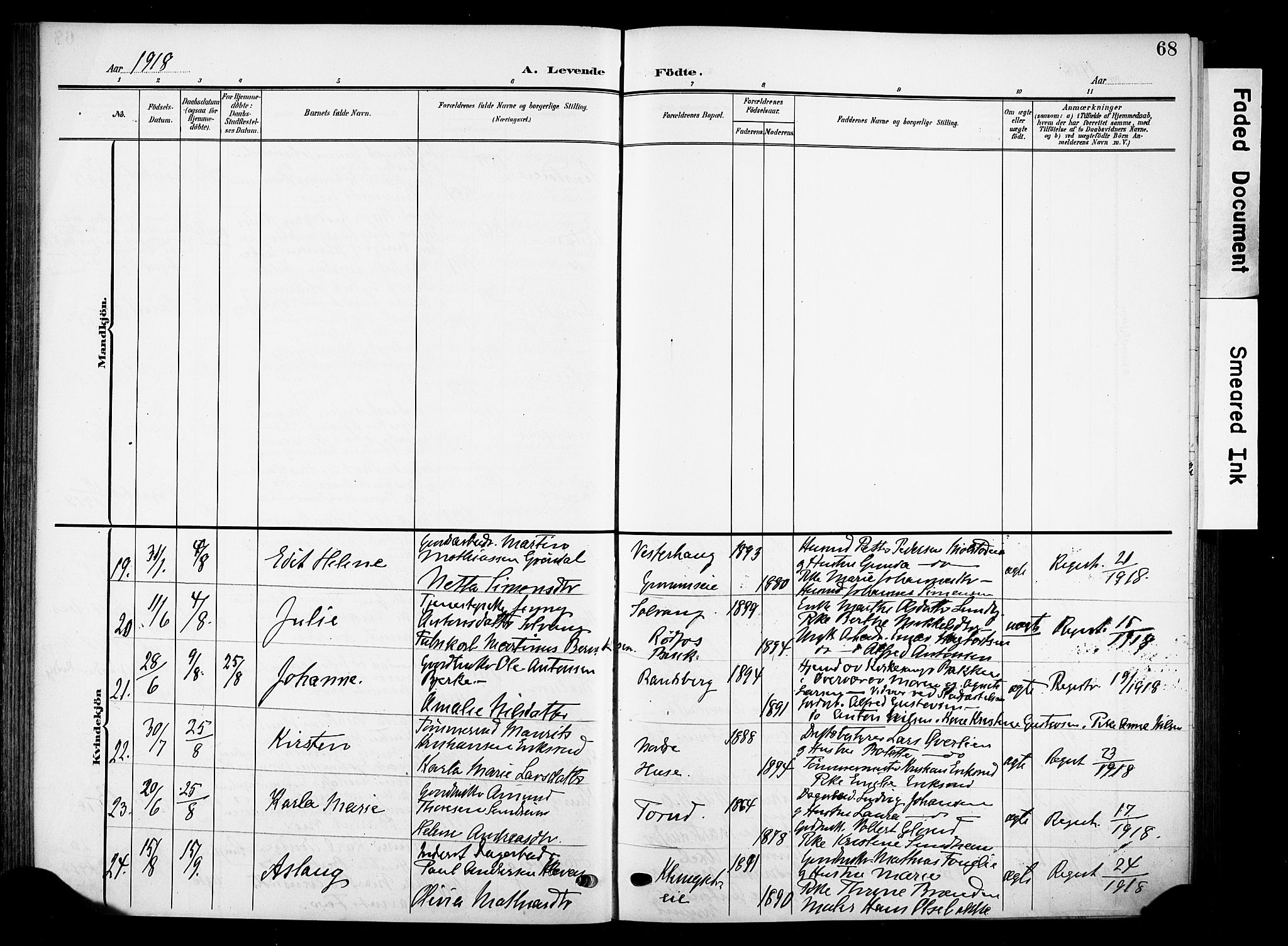 Nes prestekontor, Hedmark, SAH/PREST-020/K/Ka/L0013: Parish register (official) no. 13, 1906-1924, p. 68
