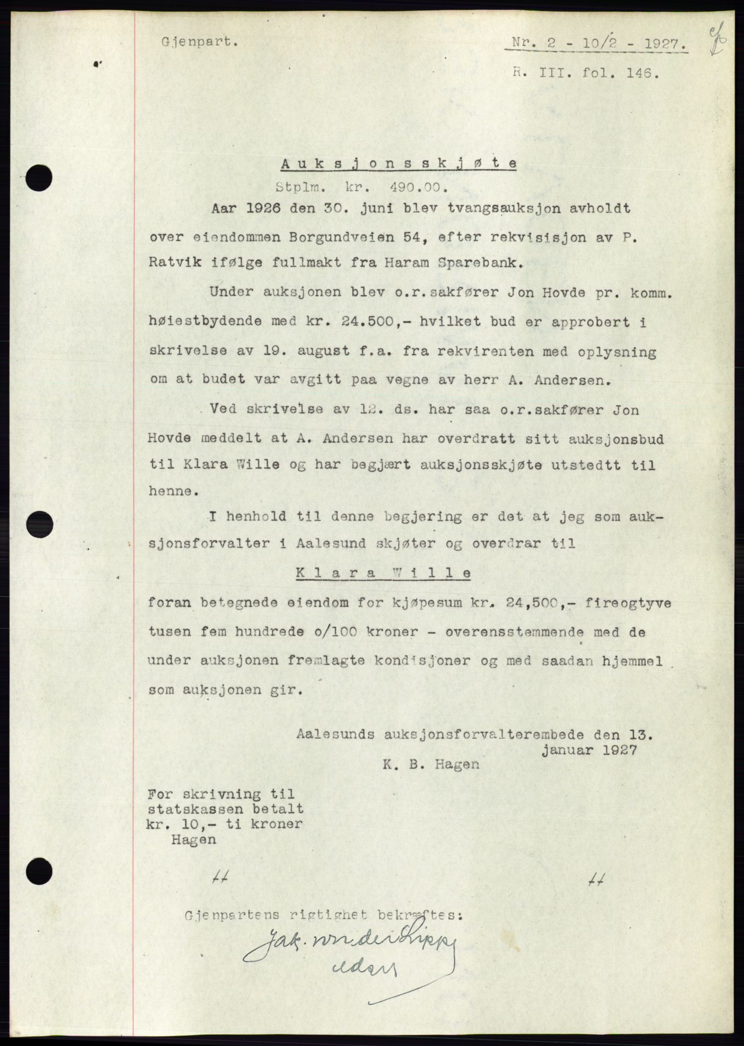 Ålesund byfogd, AV/SAT-A-4384: Mortgage book no. 21, 1926-1927, Deed date: 10.02.1927