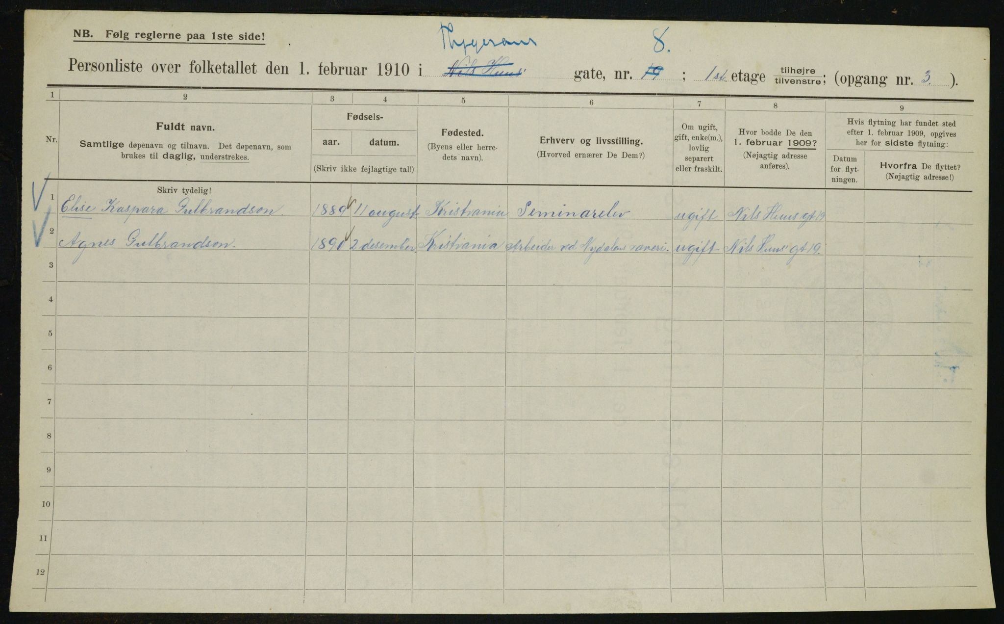 OBA, Municipal Census 1910 for Kristiania, 1910, p. 105687