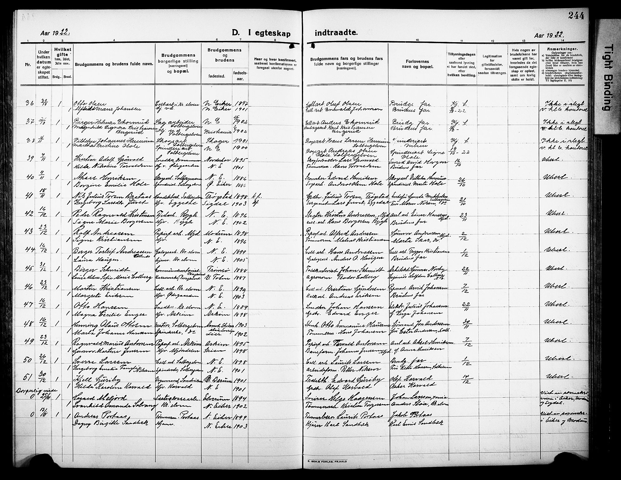 Nedre Eiker kirkebøker, AV/SAKO-A-612/G/Ga/L0006: Parish register (copy) no. 6, 1922-1933, p. 244