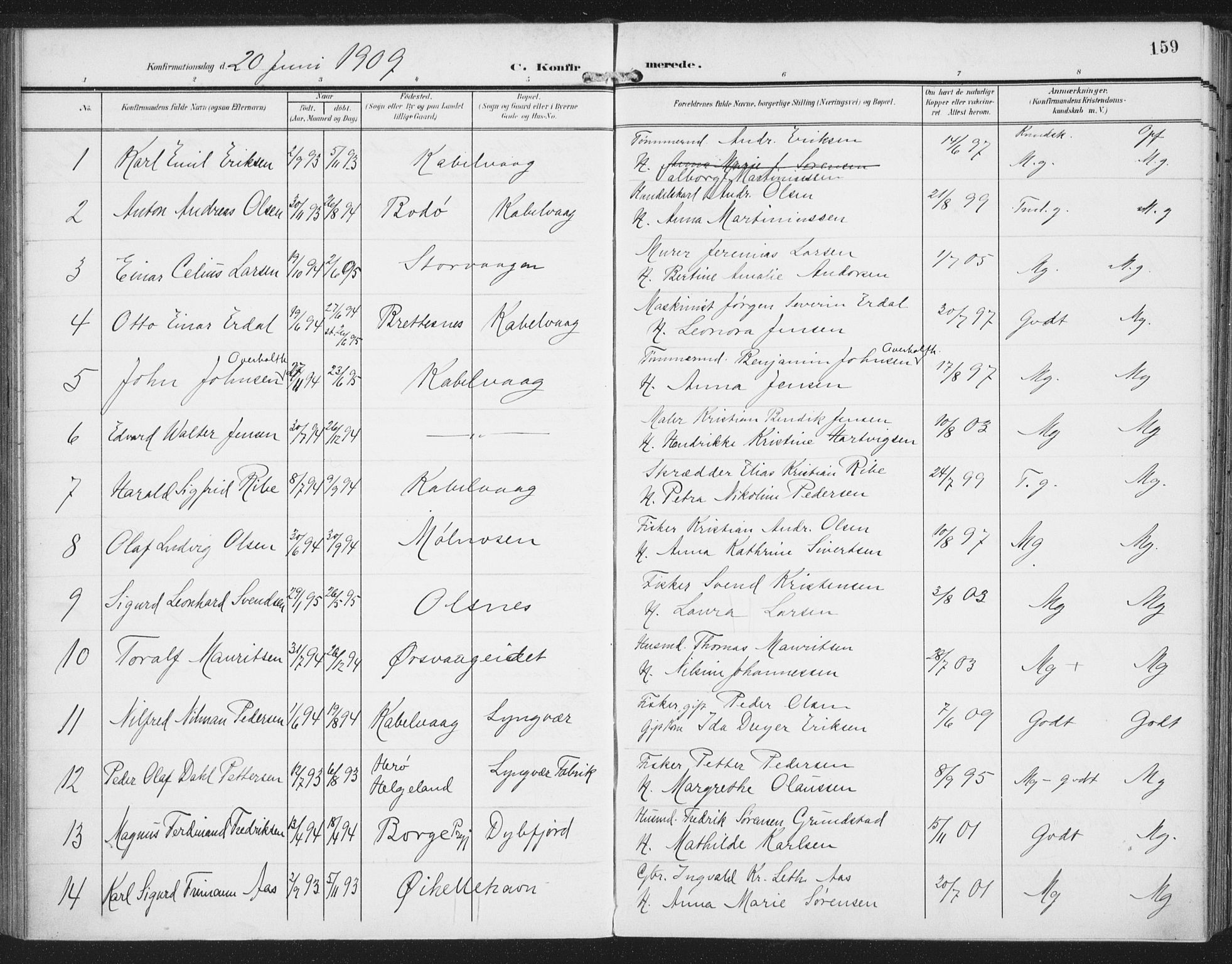 Ministerialprotokoller, klokkerbøker og fødselsregistre - Nordland, SAT/A-1459/874/L1063: Parish register (official) no. 874A07, 1907-1915, p. 159