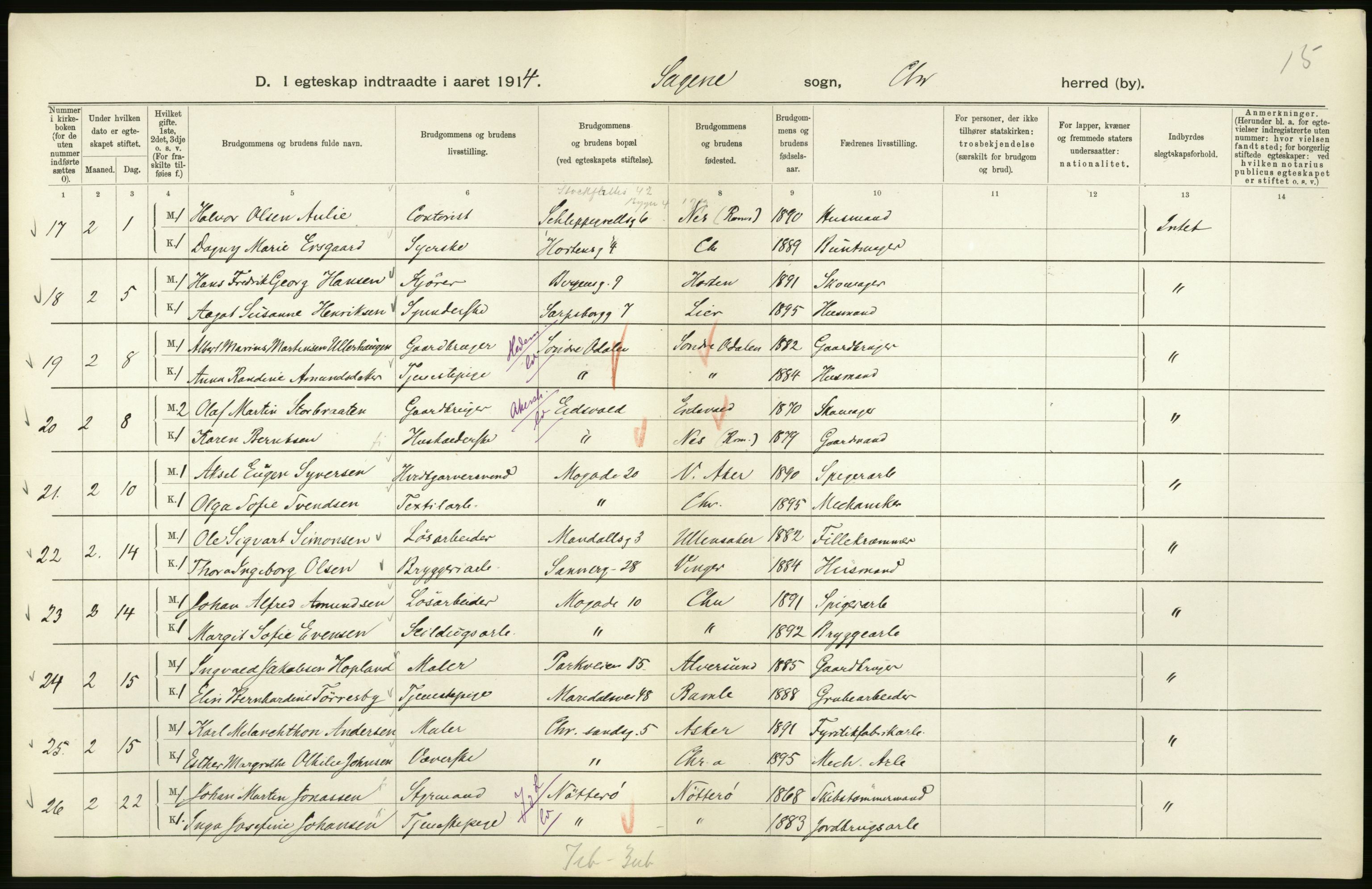 Statistisk sentralbyrå, Sosiodemografiske emner, Befolkning, AV/RA-S-2228/D/Df/Dfb/Dfbd/L0007: Kristiania: Gifte, 1914, p. 160