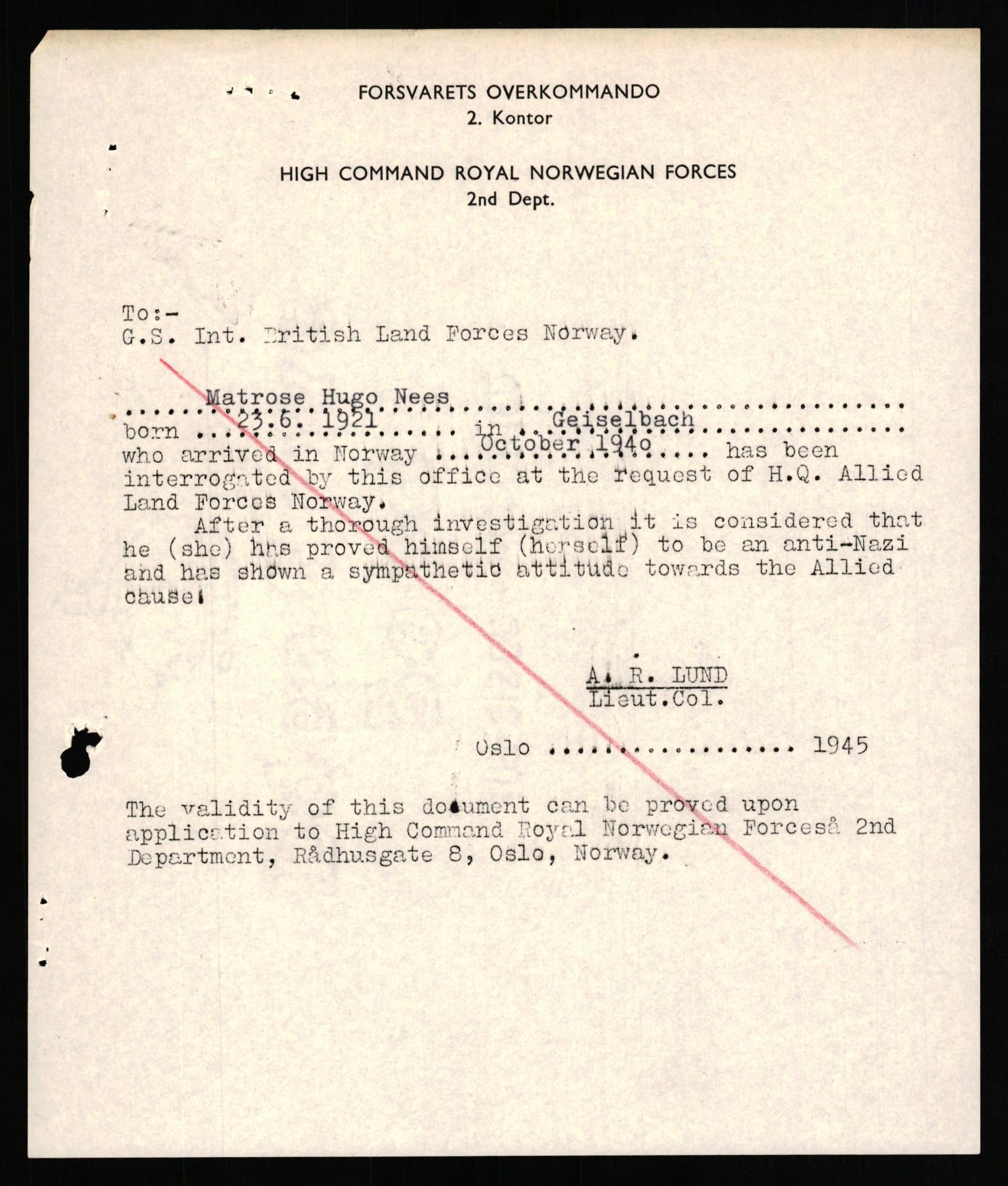 Forsvaret, Forsvarets overkommando II, AV/RA-RAFA-3915/D/Db/L0023: CI Questionaires. Tyske okkupasjonsstyrker i Norge. Tyskere., 1945-1946, p. 501