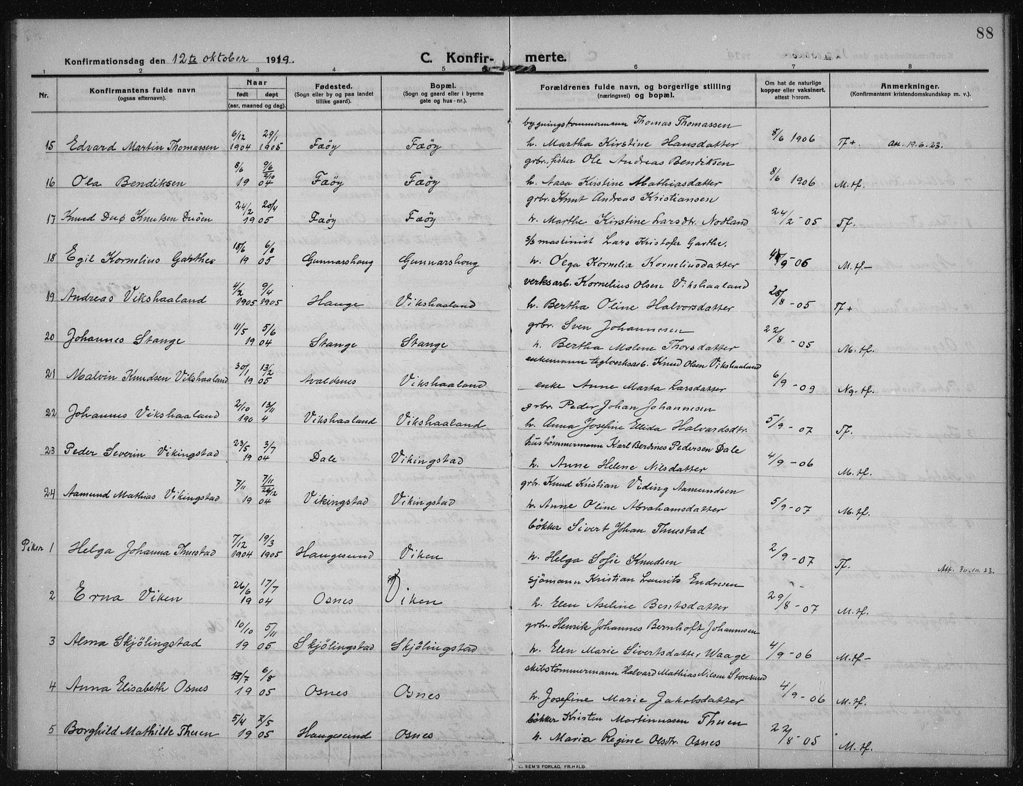 Torvastad sokneprestkontor, AV/SAST-A -101857/H/Ha/Haa/L0019: Parish register (official) no. A 18, 1912-1920, p. 88