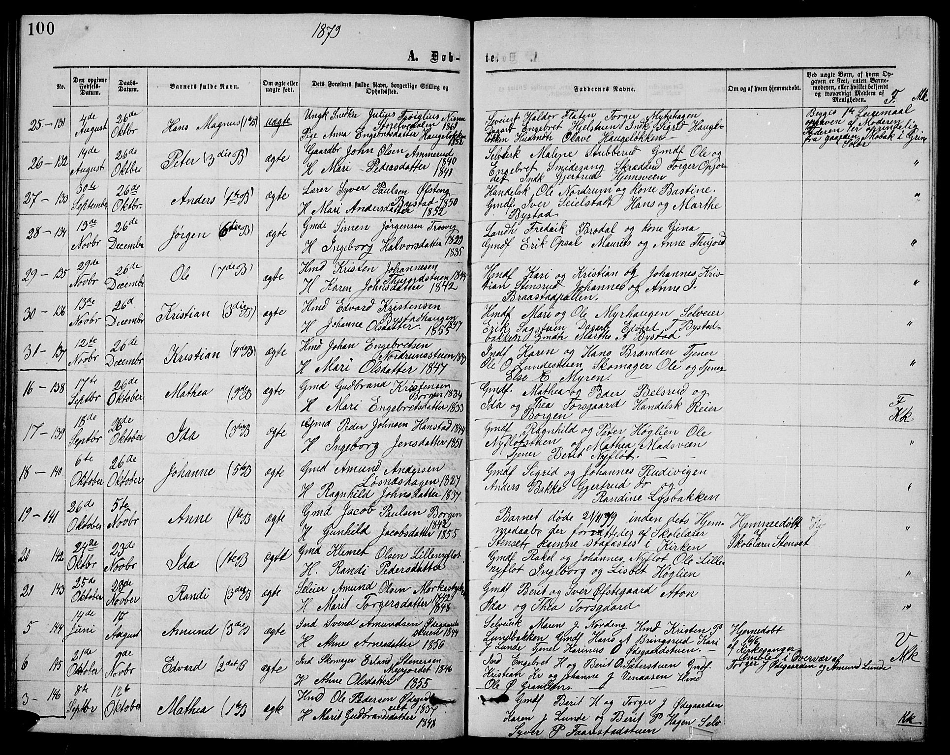 Ringebu prestekontor, AV/SAH-PREST-082/H/Ha/Hab/L0004: Parish register (copy) no. 4, 1867-1879, p. 100