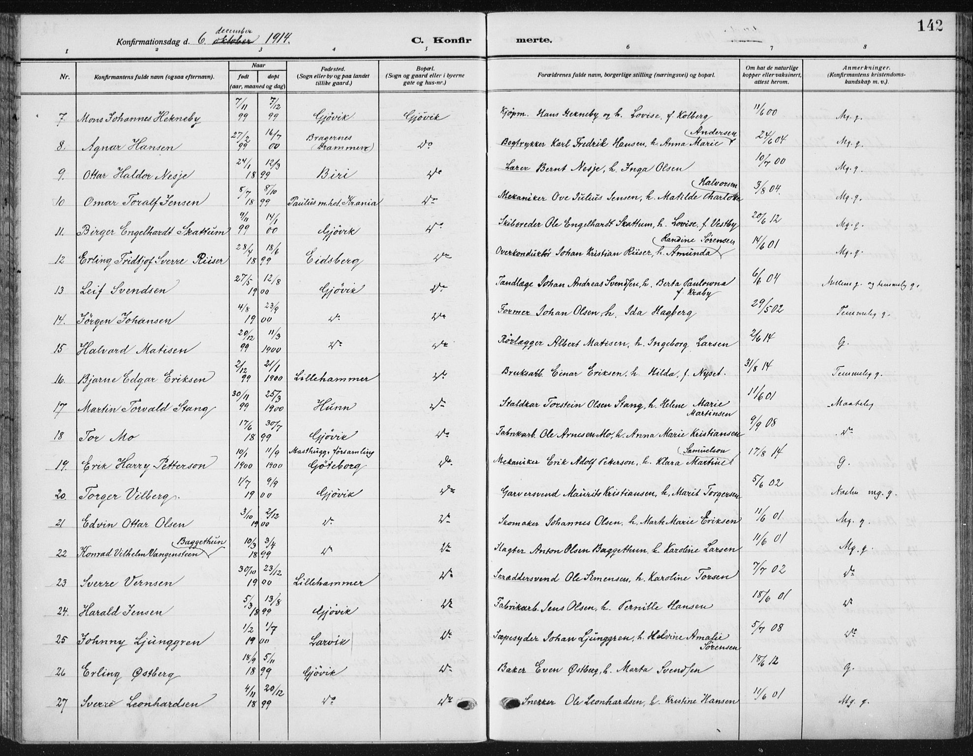 Vardal prestekontor, SAH/PREST-100/H/Ha/Haa/L0014: Parish register (official) no. 14, 1912-1922, p. 142