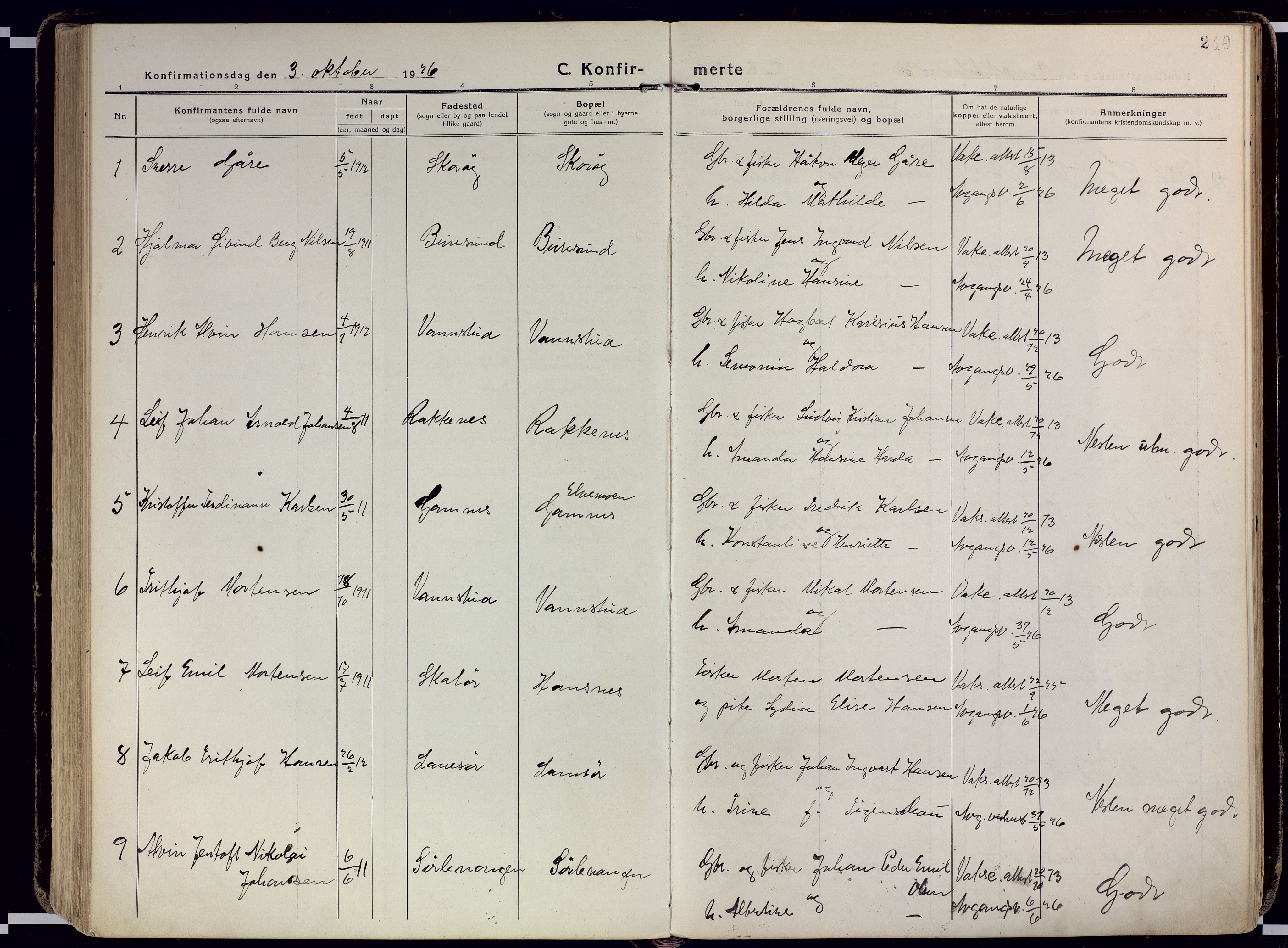 Karlsøy sokneprestembete, AV/SATØ-S-1299/H/Ha/Haa/L0015kirke: Parish register (official) no. 15, 1918-1929, p. 240