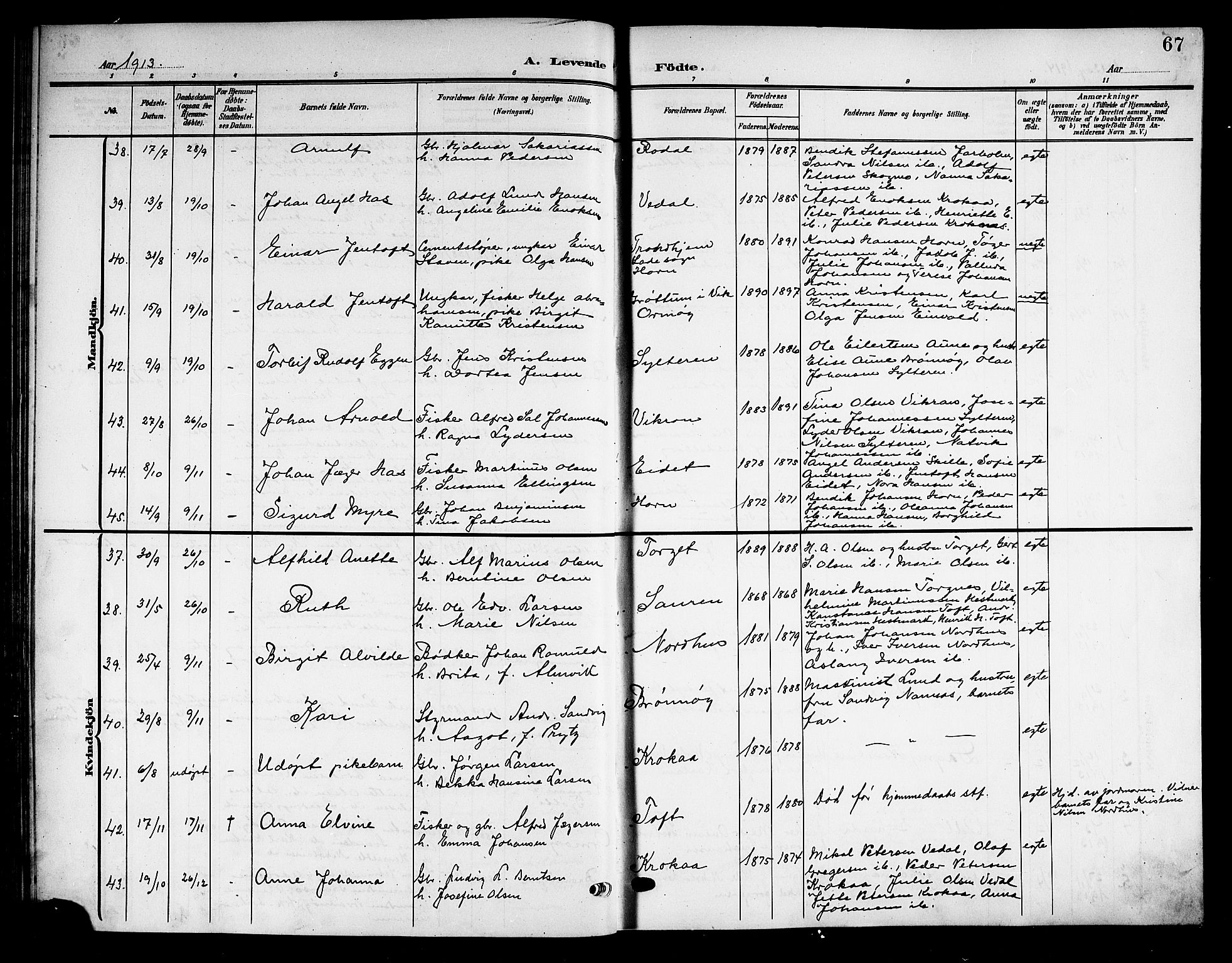 Ministerialprotokoller, klokkerbøker og fødselsregistre - Nordland, SAT/A-1459/813/L0214: Parish register (copy) no. 813C06, 1904-1917, p. 67