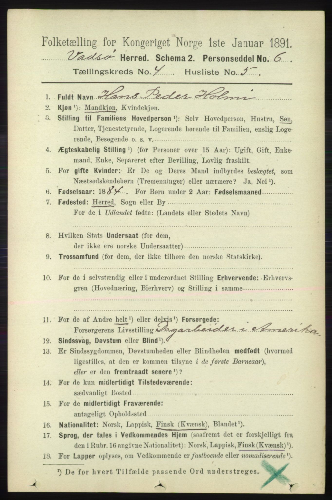 RA, 1891 census for 2029 Vadsø, 1891, p. 1231