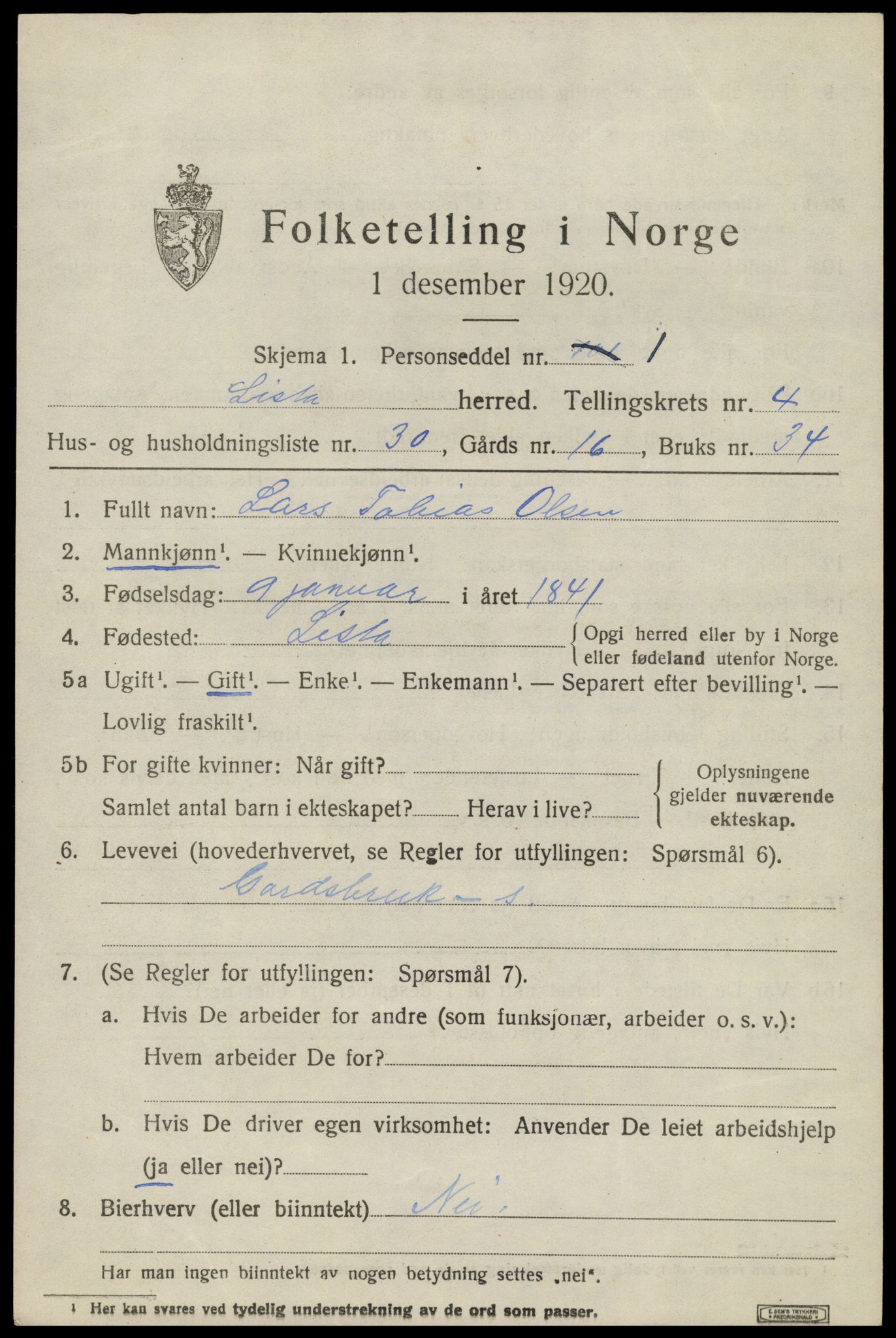 SAK, 1920 census for Lista, 1920, p. 4965