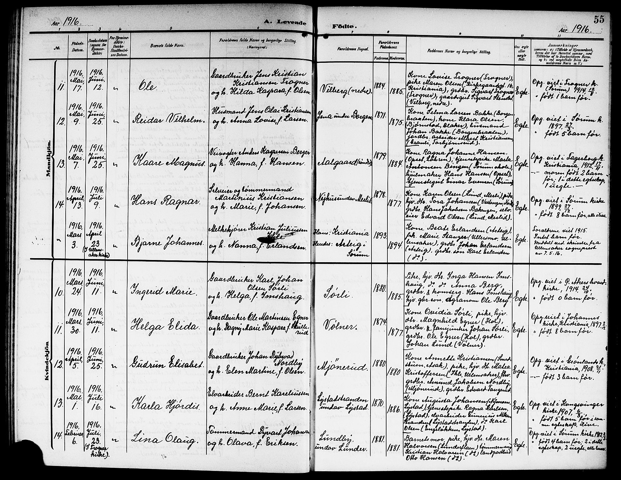 Sørum prestekontor Kirkebøker, AV/SAO-A-10303/G/Ga/L0007: Parish register (copy) no. I 7, 1907-1917, p. 55