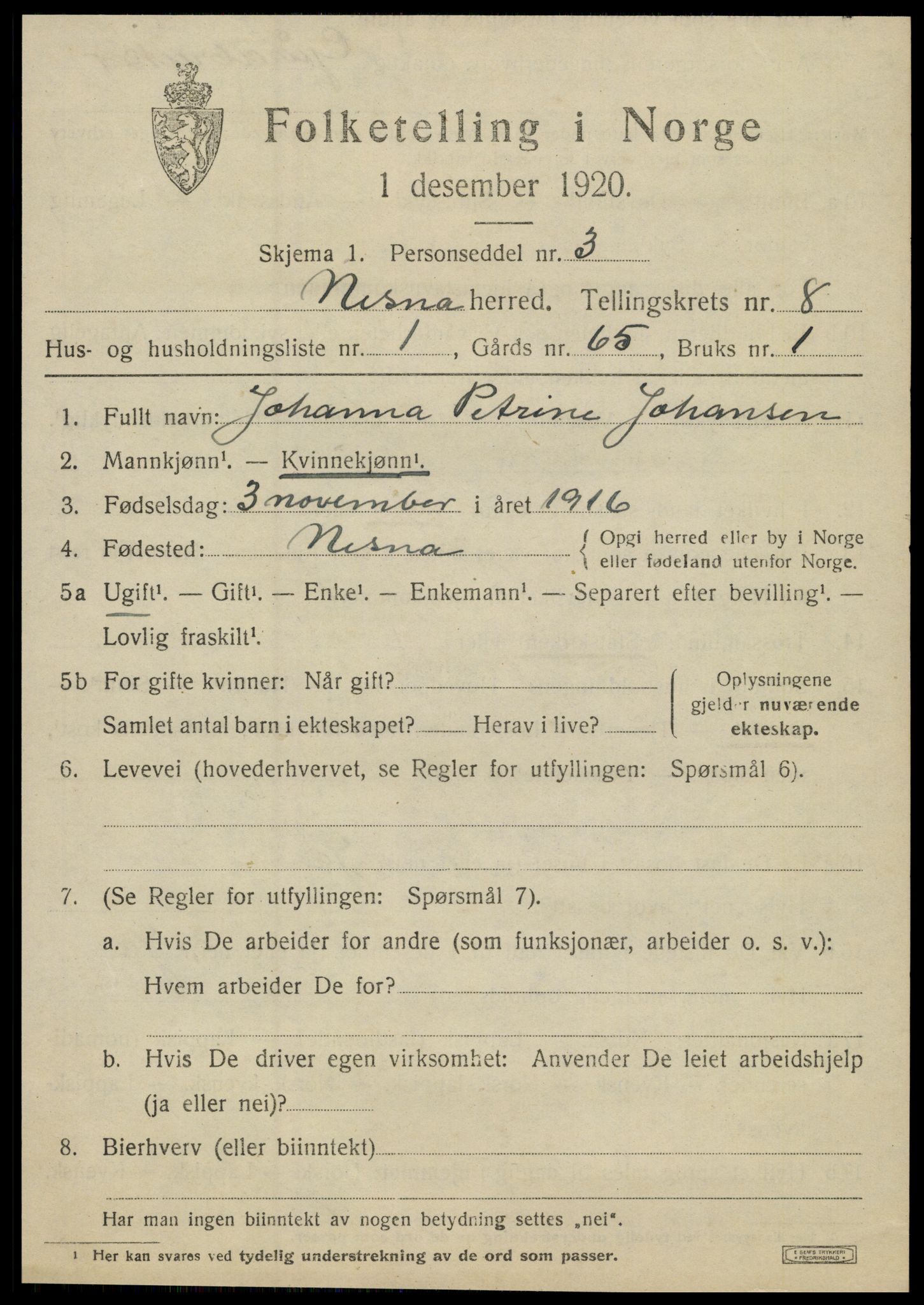 SAT, 1920 census for Nesna, 1920, p. 6559