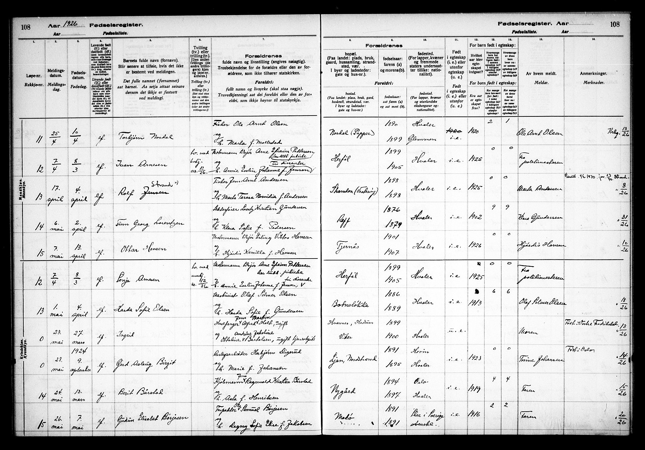 Hvaler prestekontor Kirkebøker, AV/SAO-A-2001/J/Ja/L0001: Birth register no. I 1, 1916-1938, p. 108