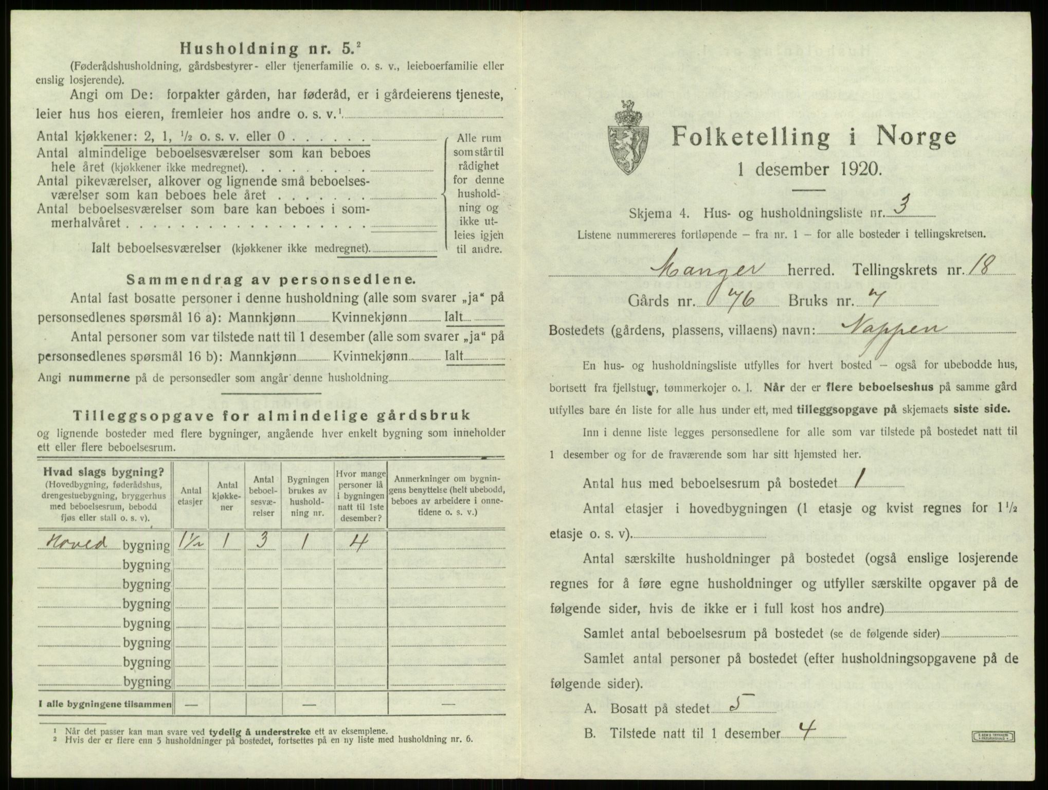 SAB, 1920 census for Manger, 1920, p. 1371