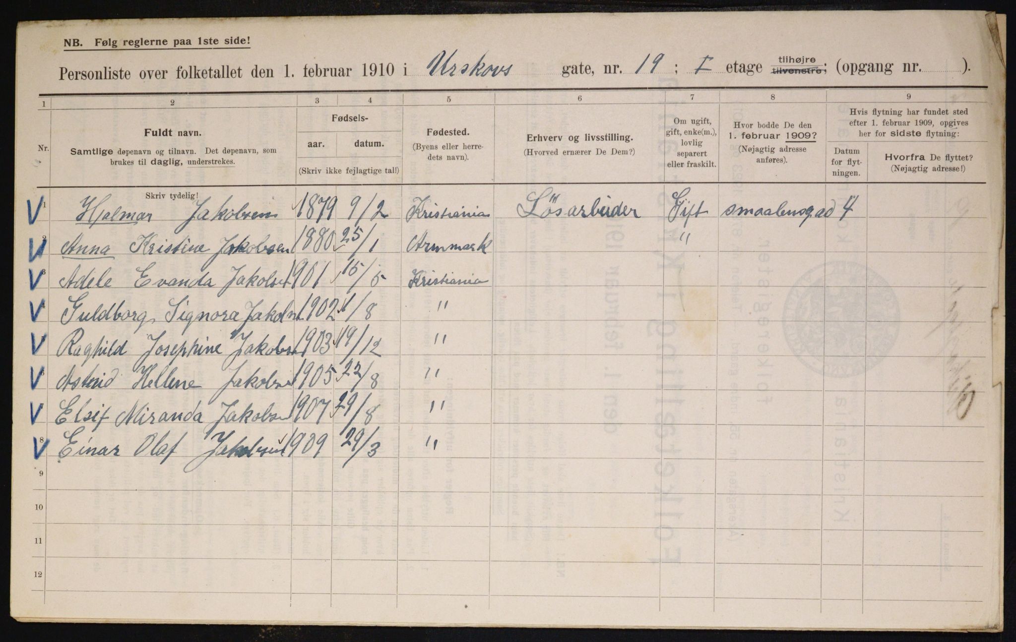 OBA, Municipal Census 1910 for Kristiania, 1910, p. 2524