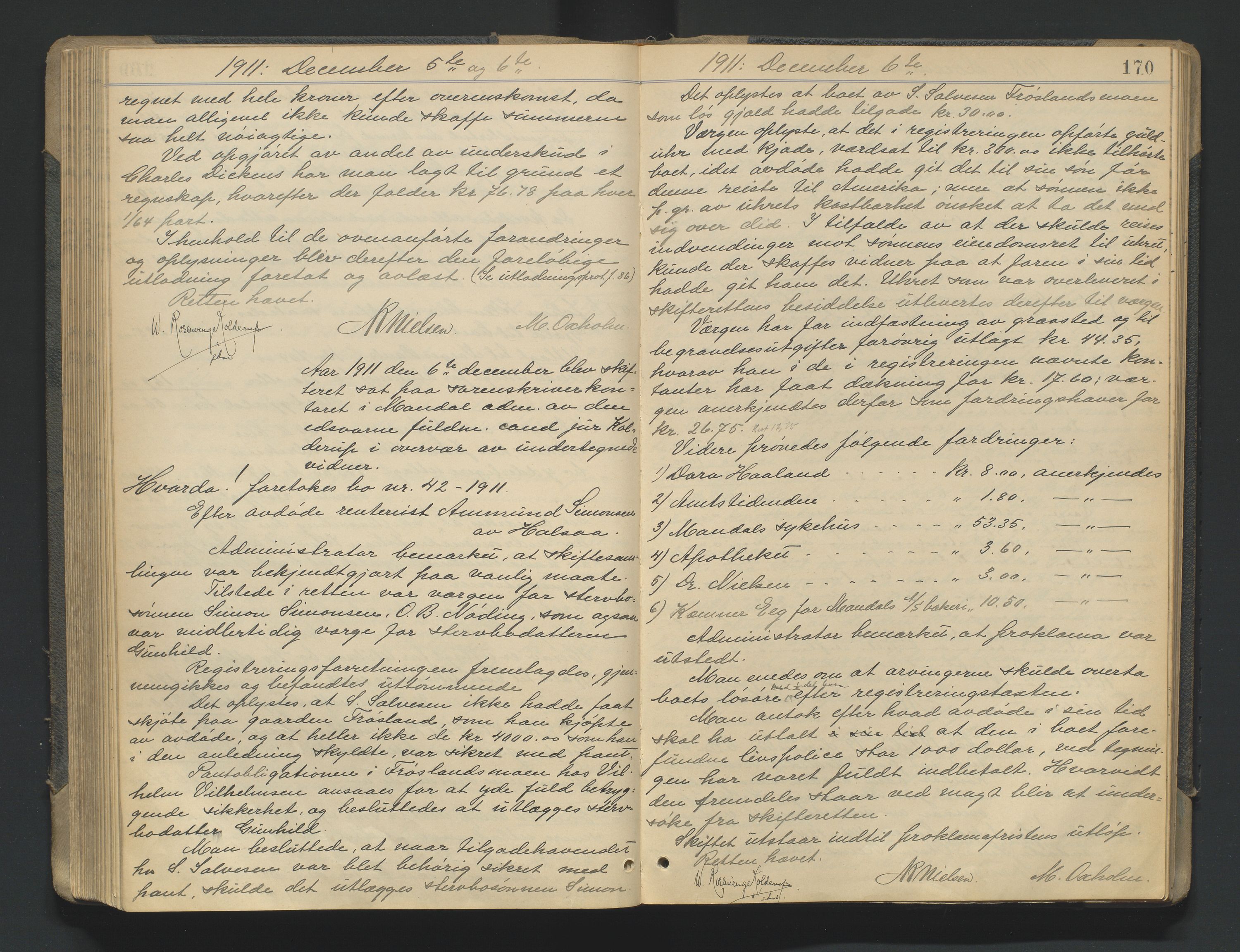 Mandal sorenskriveri, AV/SAK-1221-0005/001/H/Hc/L0081: Skifteforhandlingsprotokoll nr 13, 1909-1913, p. 170