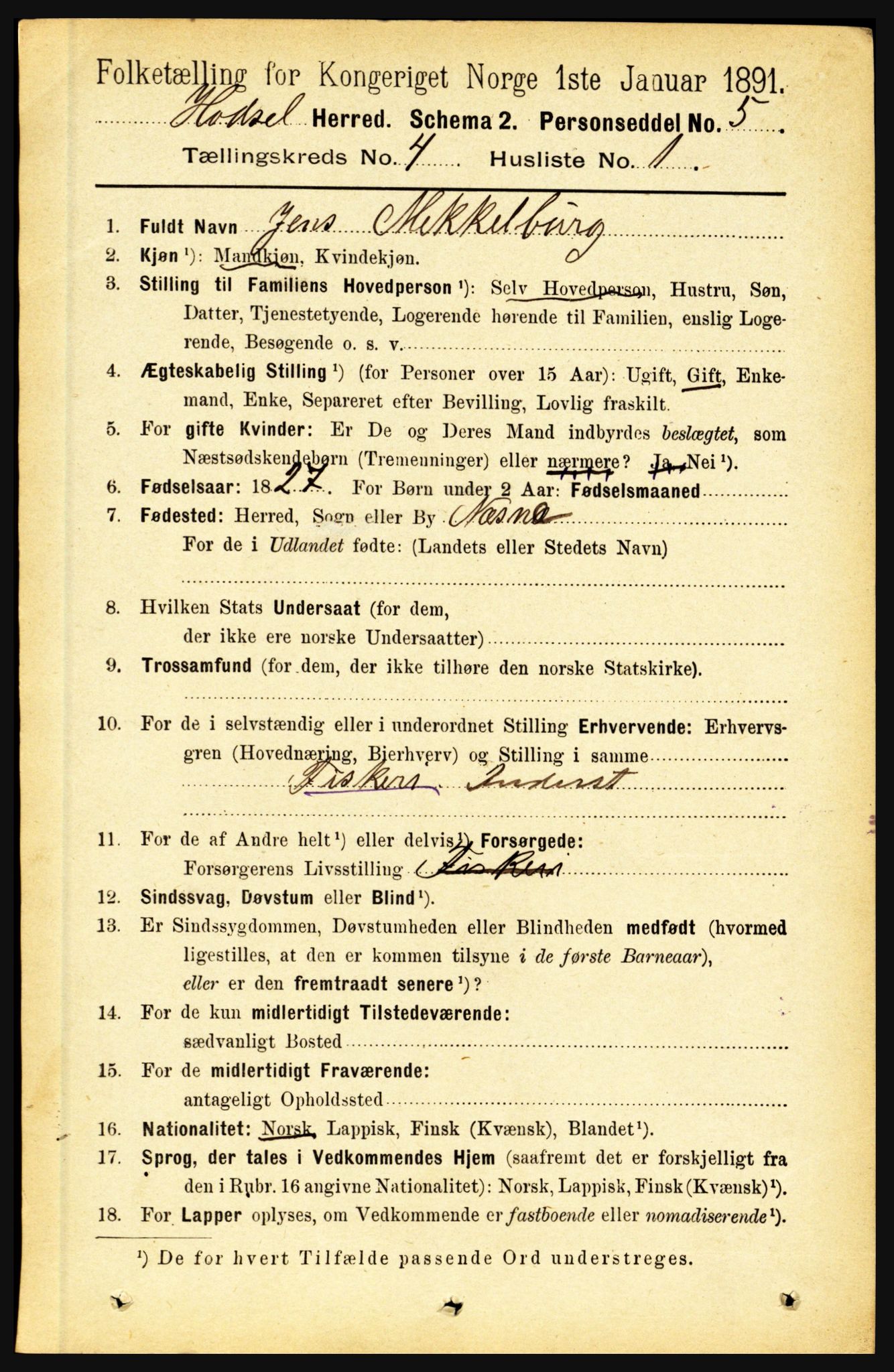 RA, 1891 census for 1866 Hadsel, 1891, p. 1713