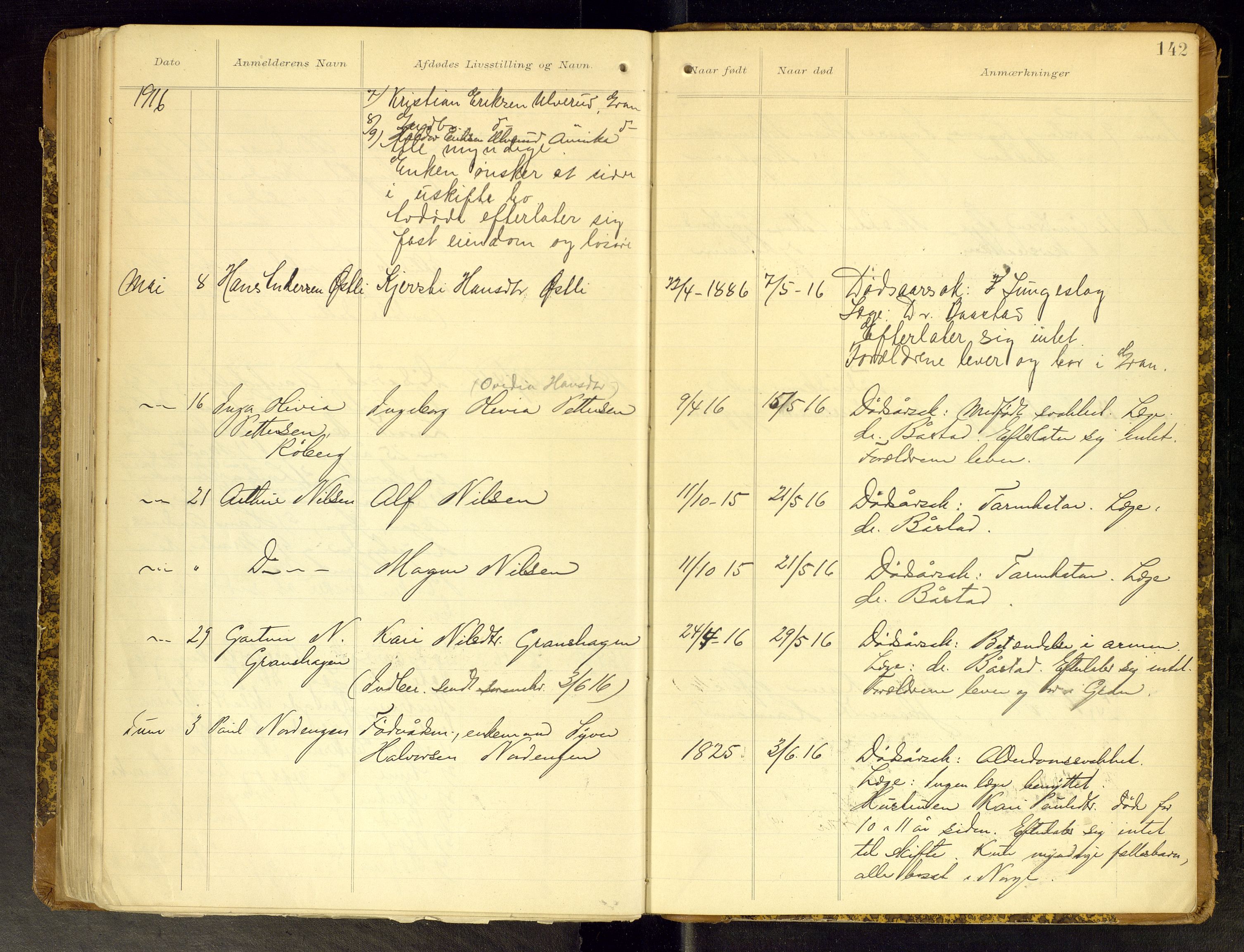 Gran lensmannskontor, AV/SAH-LOG-010/H/Ha/L0002: Dødsfallsprotokoll, 1899-1917, p. 142