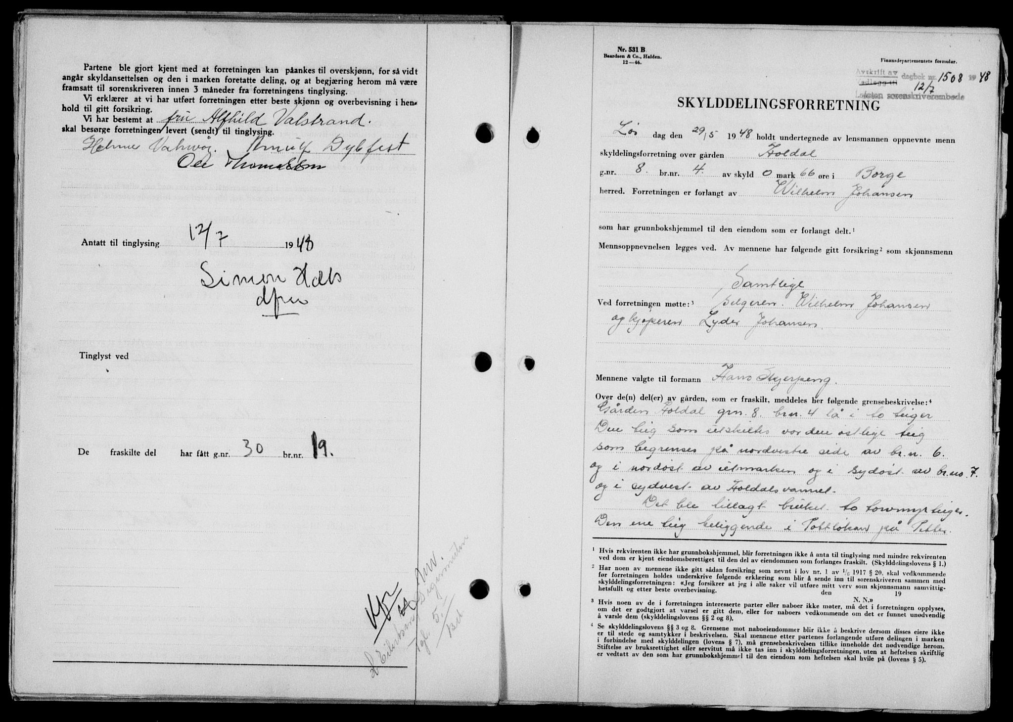 Lofoten sorenskriveri, SAT/A-0017/1/2/2C/L0018a: Mortgage book no. 18a, 1948-1948, Diary no: : 1508/1948