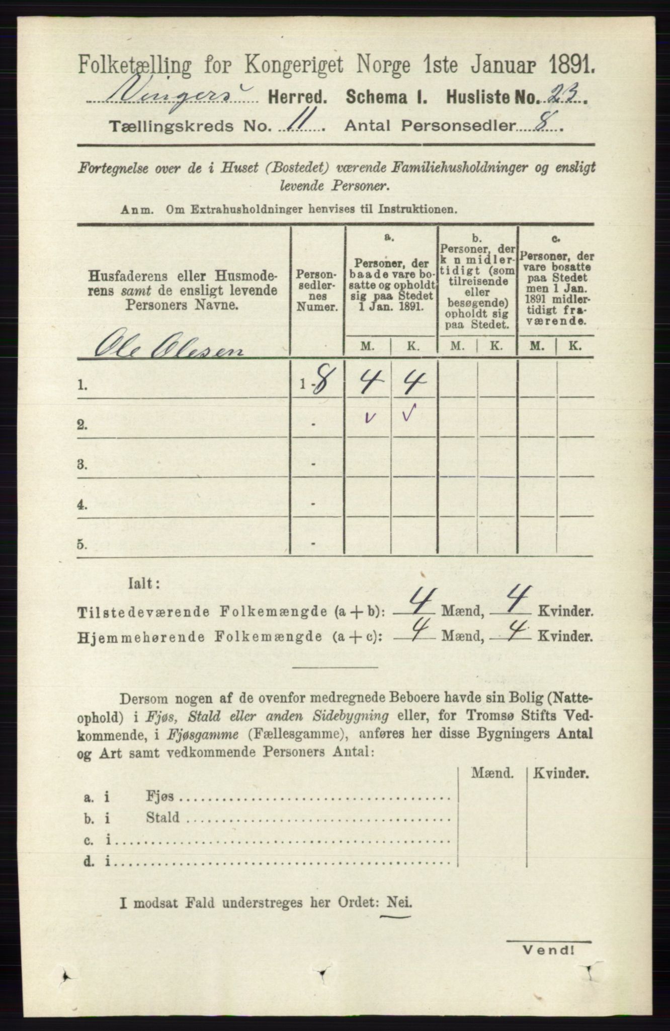 RA, 1891 census for 0421 Vinger, 1891, p. 5304