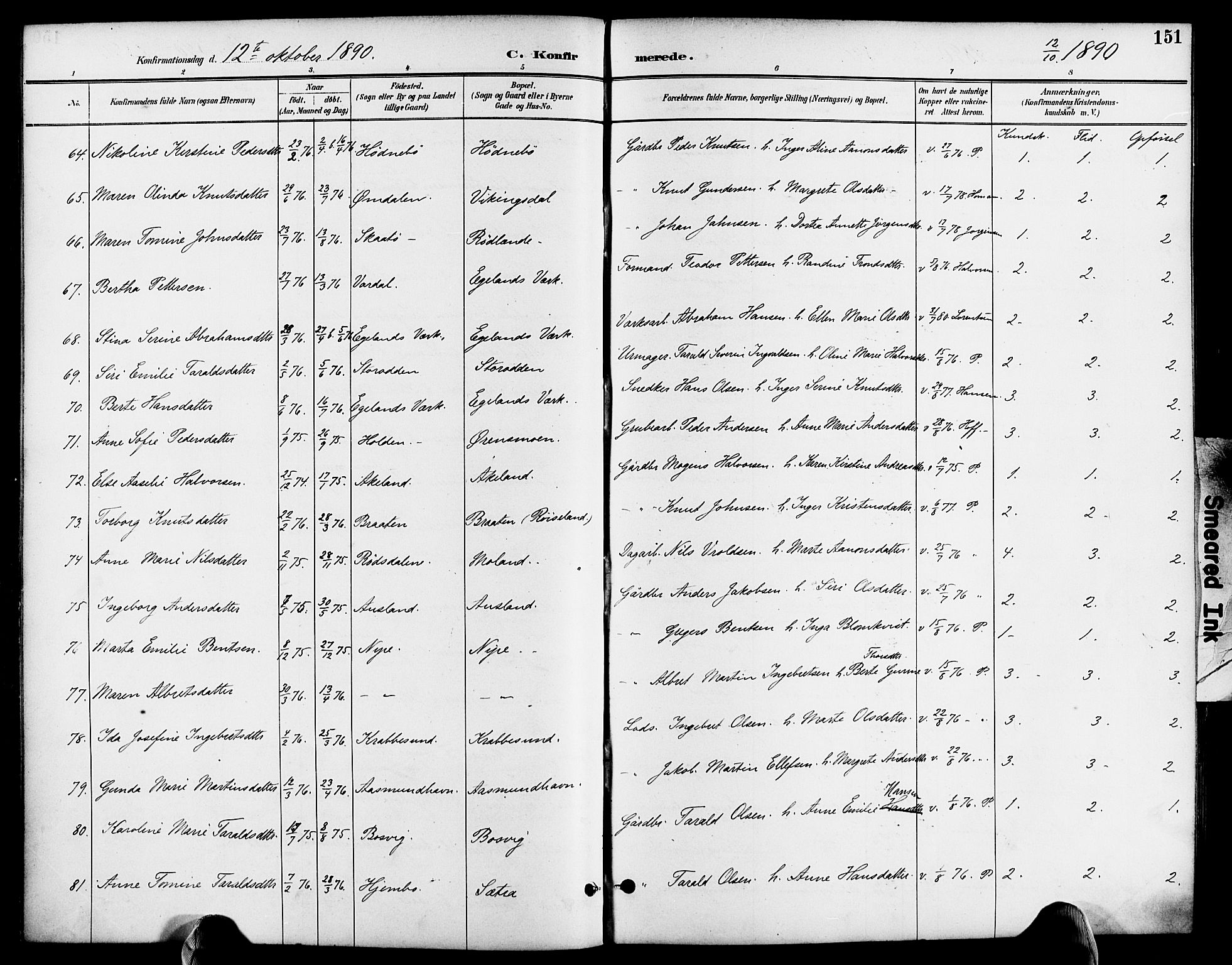 Søndeled sokneprestkontor, SAK/1111-0038/F/Fa/L0005: Parish register (official) no. A 5, 1889-1899, p. 151