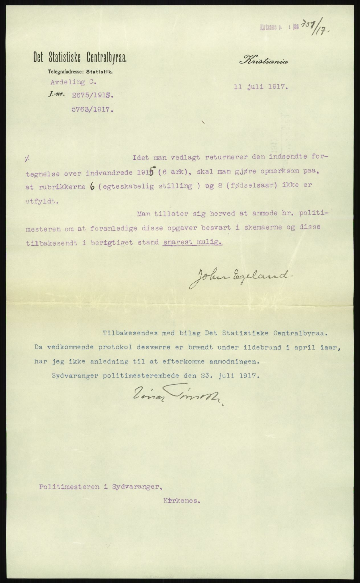 Statistisk sentralbyrå, Sosioøkonomiske emner, Folketellinger, boliger og boforhold, AV/RA-S-2231/F/Fa/L0001: Innvandring. Navn/fylkesvis, 1915, p. 29