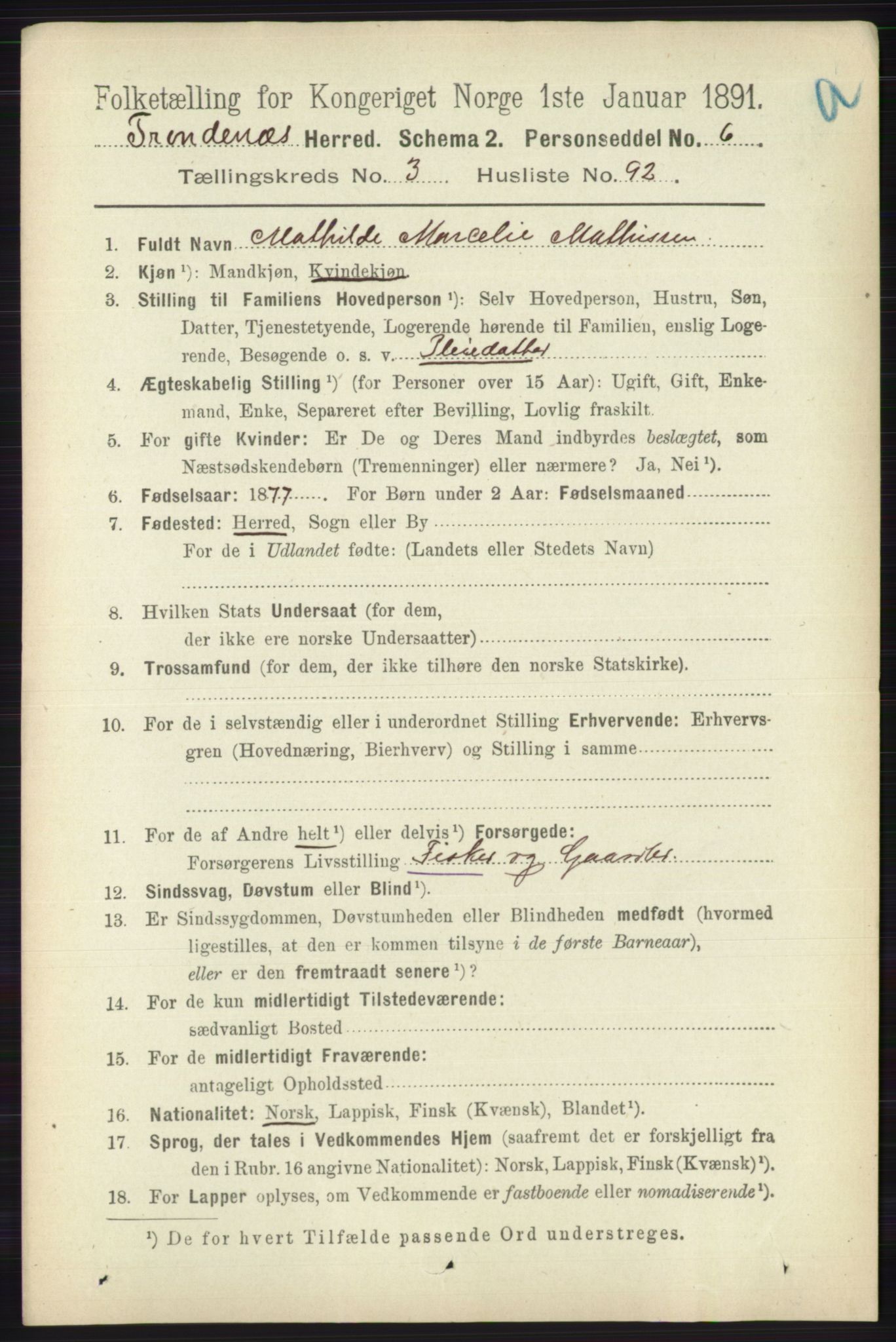 RA, 1891 census for 1914 Trondenes, 1891, p. 1808